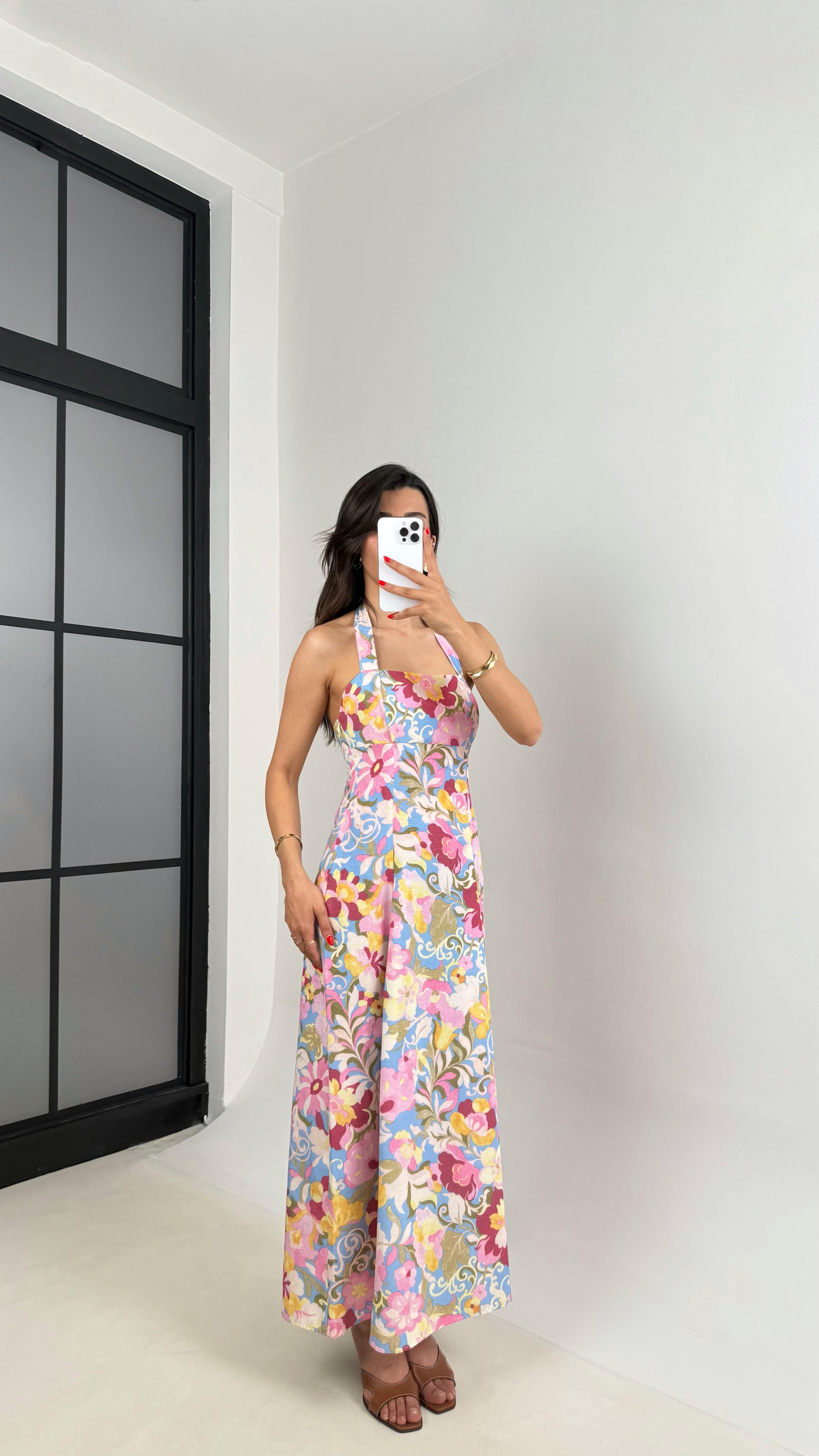 Floral Desenli Boyundan Bağlamalı Keten Elbise Gaus00515GausELBİSEGU1002208