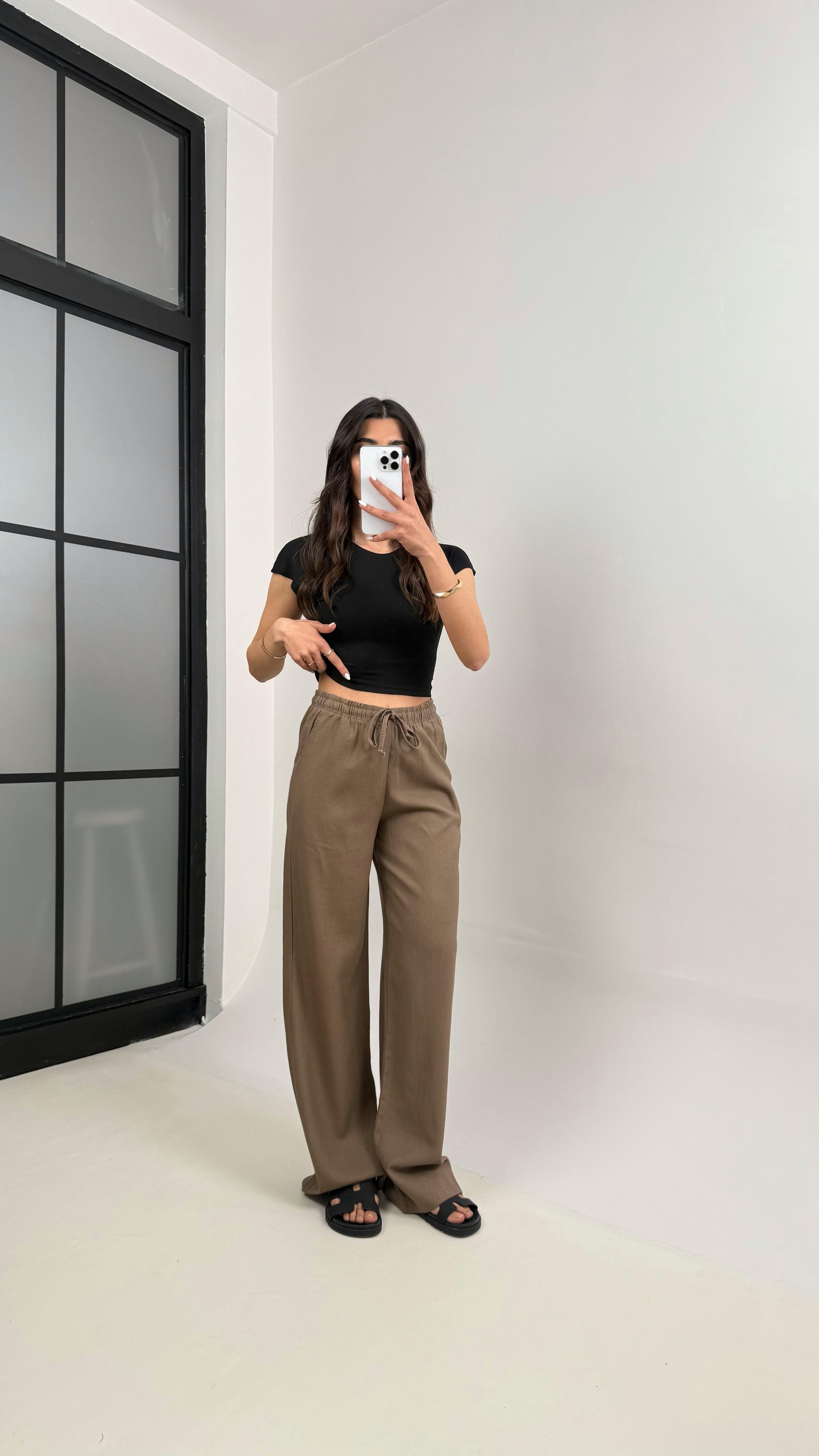 Kahve Beli Lastikli Muadil Keten Pantolon Gaus00346GausPANTOLONGU1001807