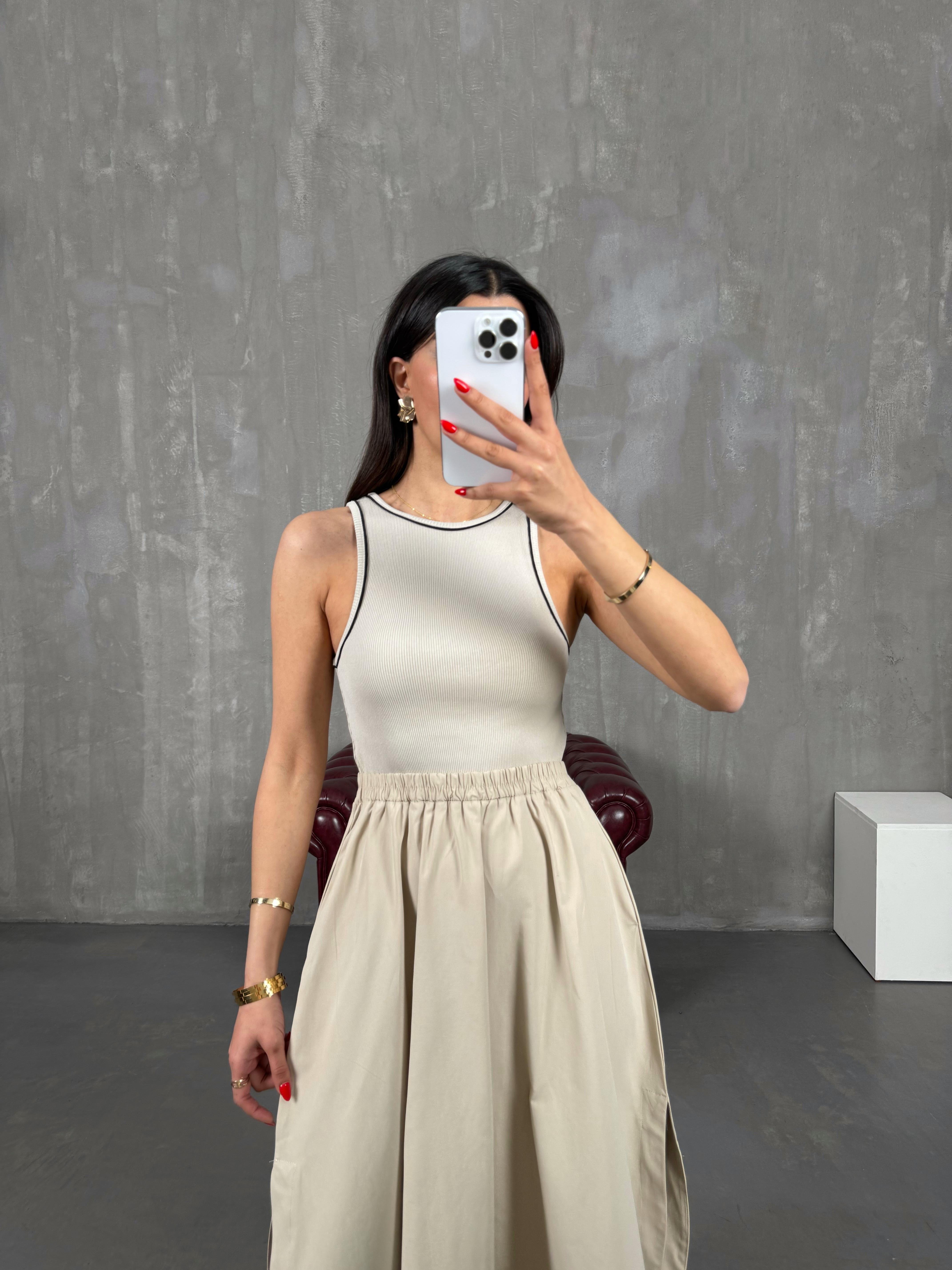 Taş Poplin Karışımlı Fitilli Sıfır Kol Yırtmaçlı Cepli Elbise Gaus00172GausELBİSEGU1001398