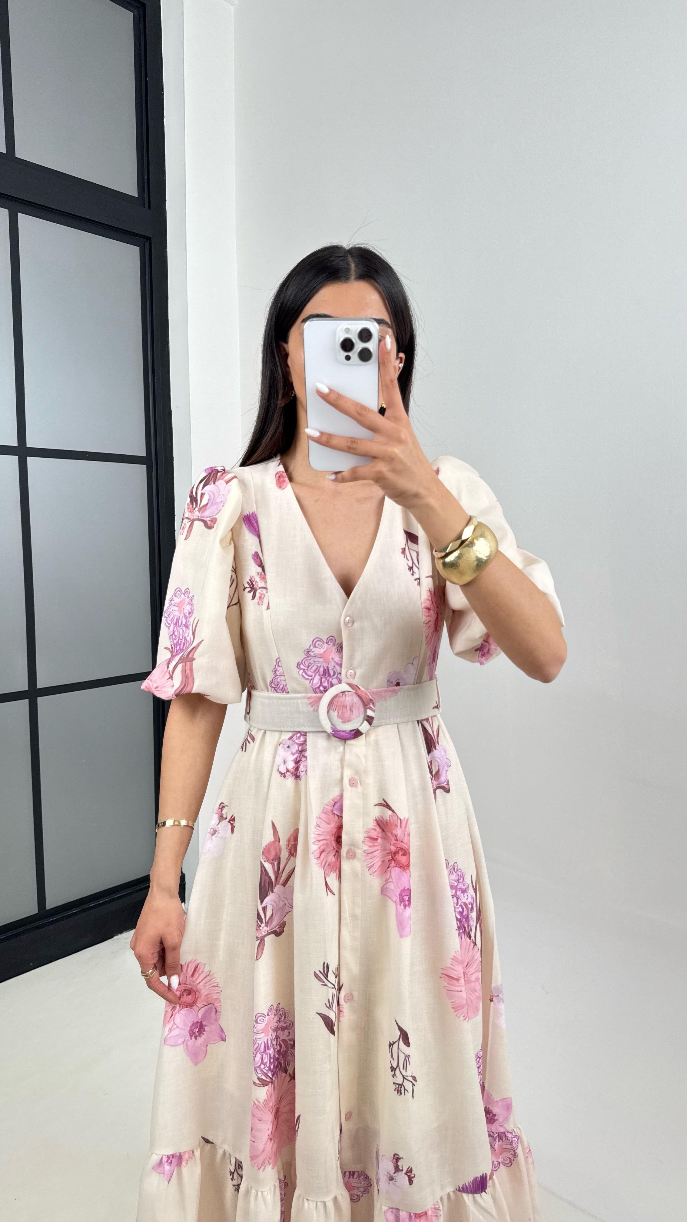 Taş V Yaka Pembe Çiçek Desenli Balon Kol Kemerli Elbise Gaus00394GausELBİSEGU1001925