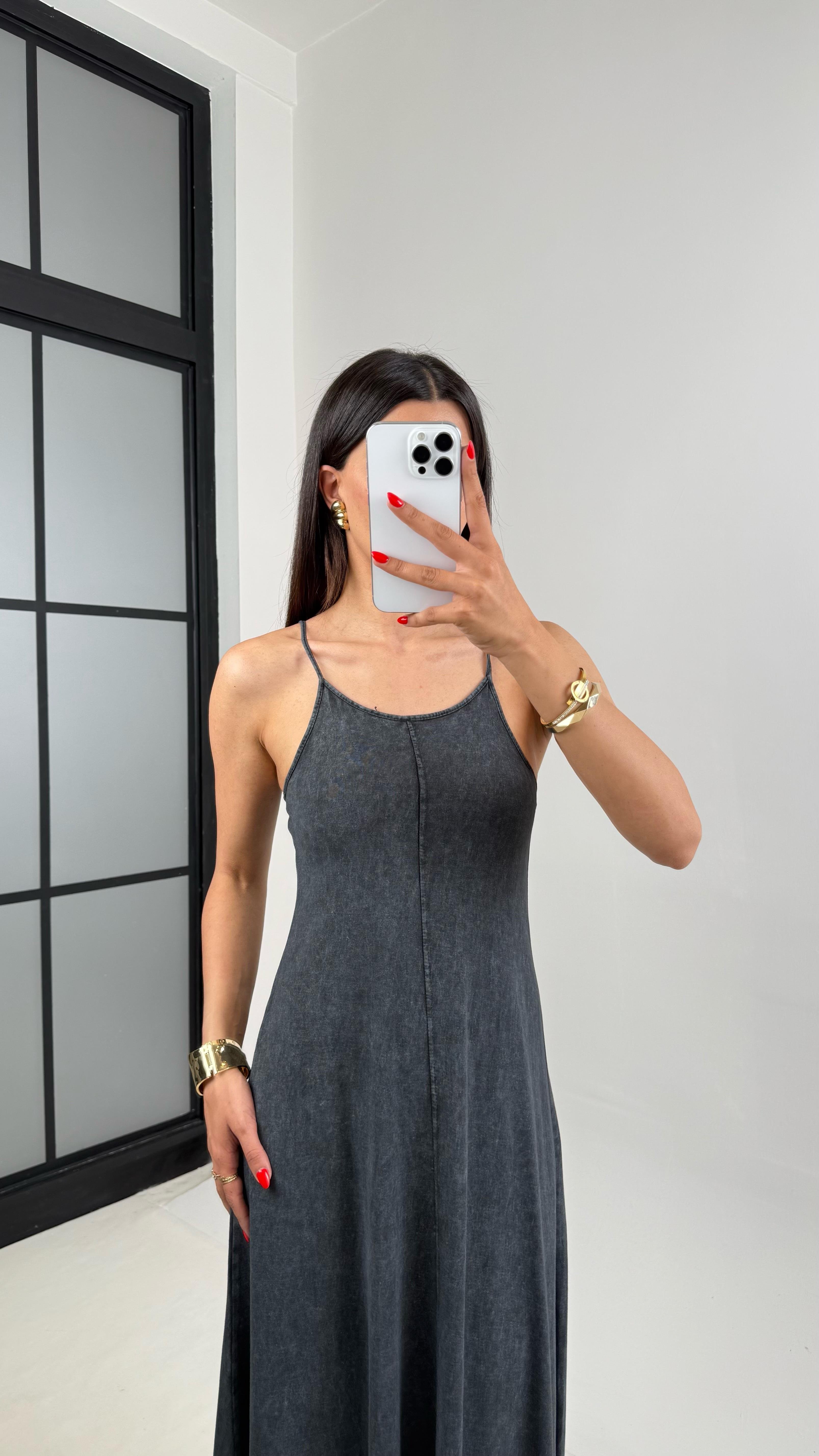 Antrasit Yıkamalı Basic Ayarlanabilir Askılı Modal Kumaş Elbise Gaus00472GausELBİSEGU1002103