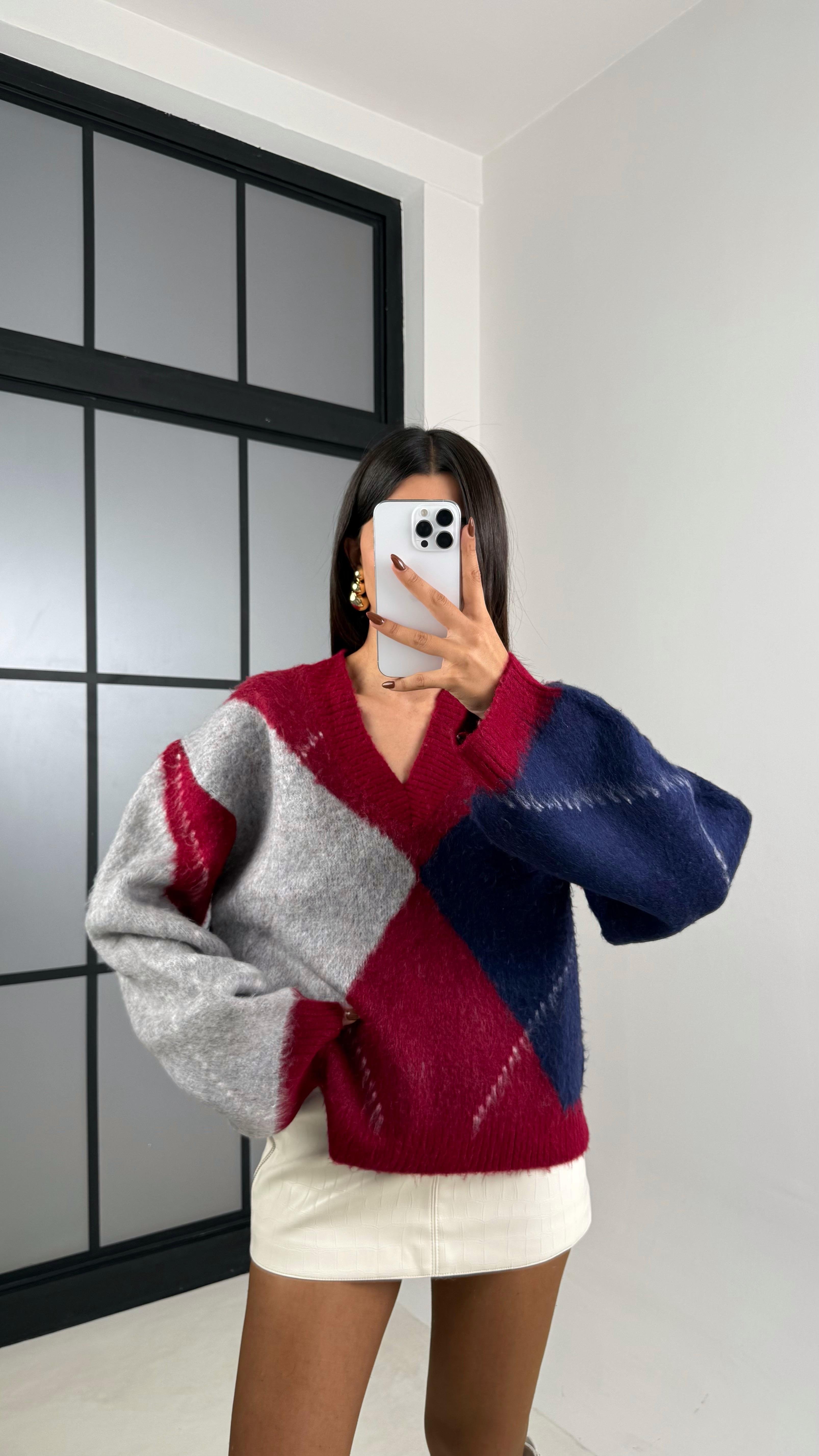 Bordo Baklava Desenli Kazak GAUS-00201GAUS الكنزات GAUS-00201