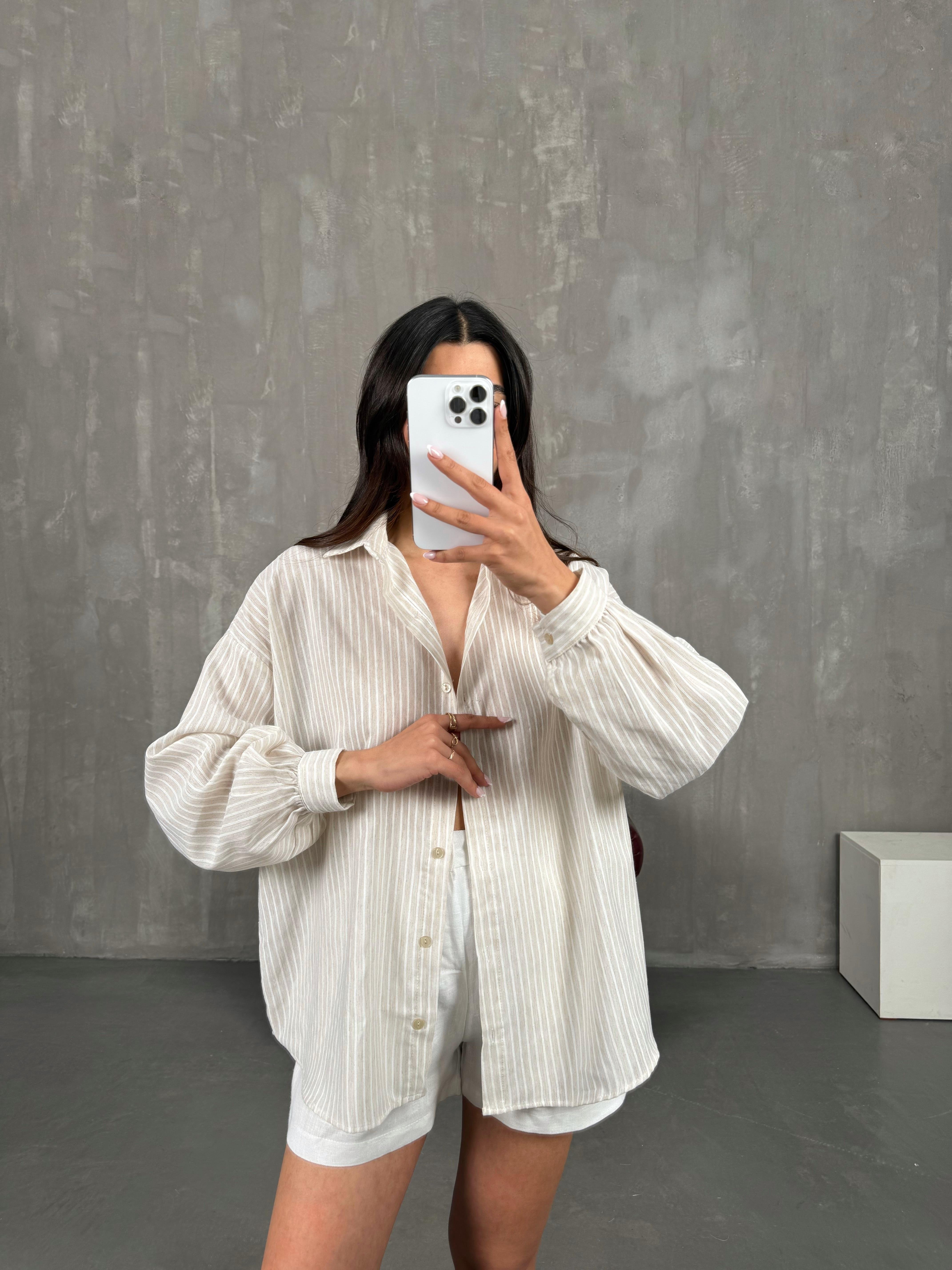 Vizon Beyaz Çizgili Keten Gömlek Gaus00268GausGÖMLEKGU1001620