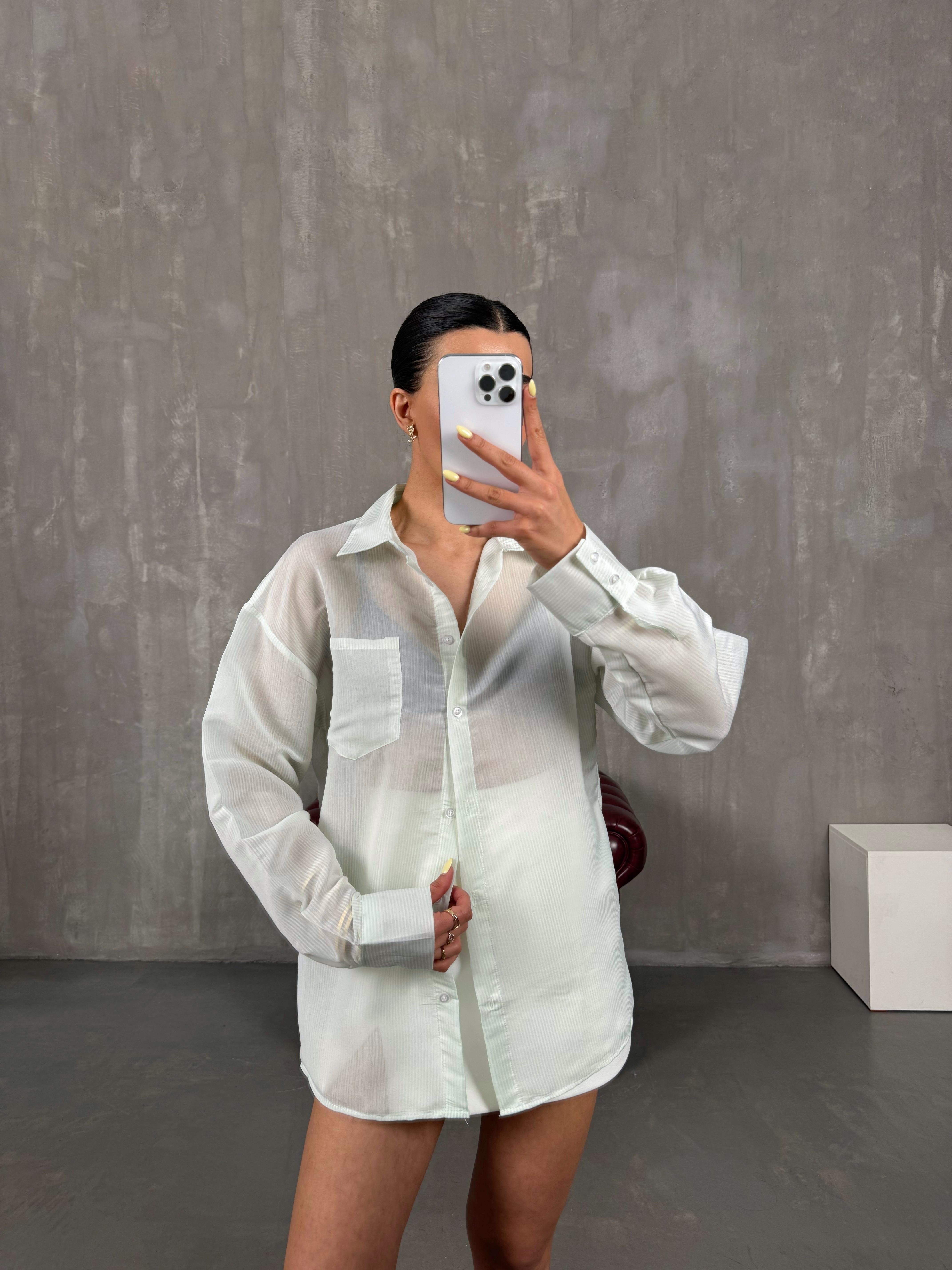 Yeşil Çizgili Hafif Transparan Muadil Gömlek Gaus00153GausGÖMLEKGU1001355