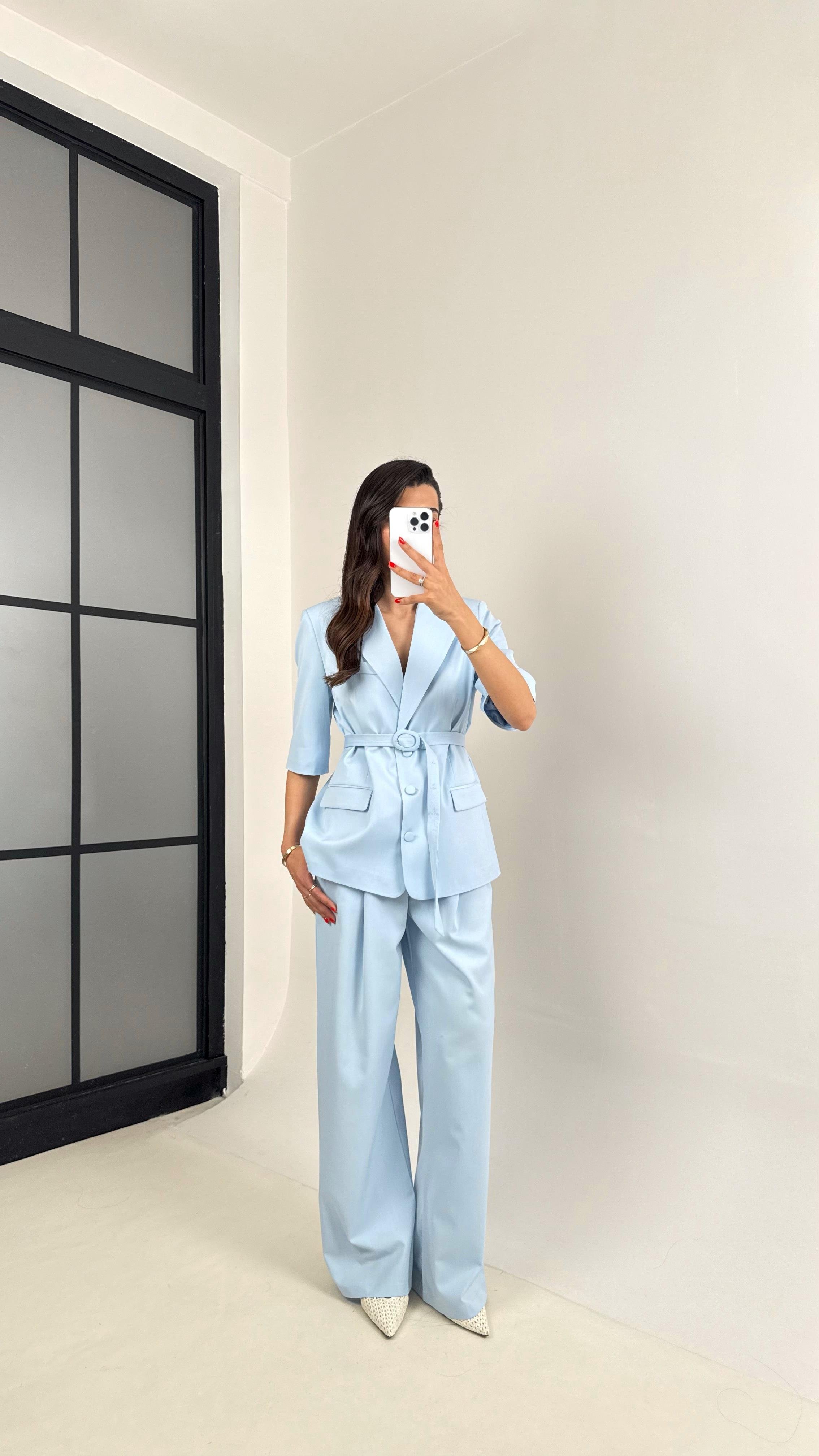 Mavi Yarım Kol Astarlı Vatkalı Kemerli Ceket Pantolon İkili Premium Takım Gaus00453GausTAKIMGU1002058