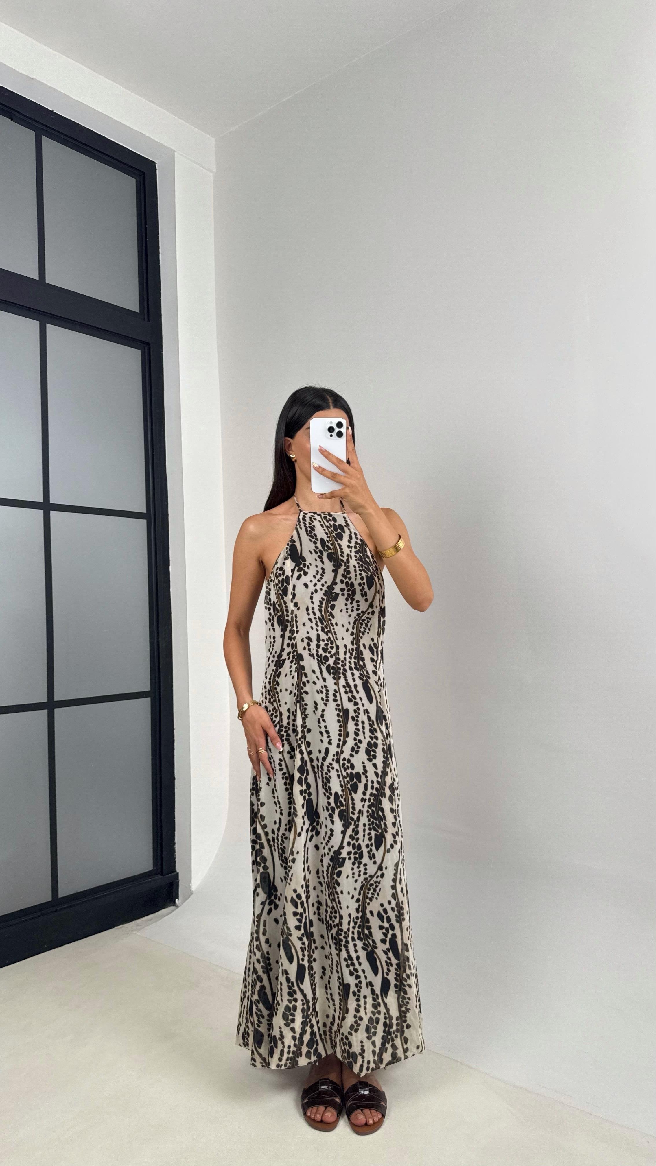 Ekru Desenli Boyundan Bağlamalı Astarlı Şifon Elbise Gaus00687GausELBİSEGU1002583