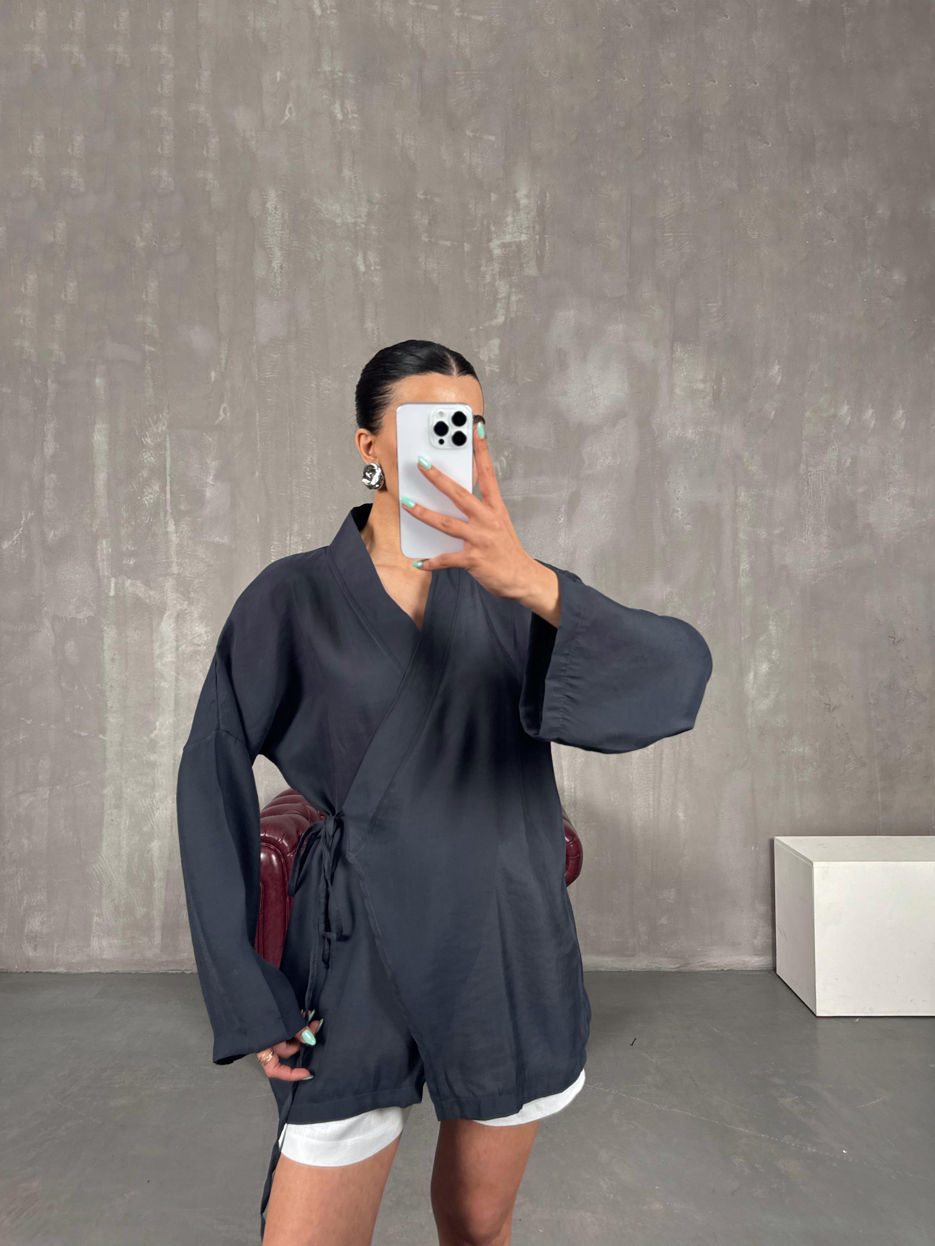 Antrasit Önden Bağlamalı Tensel Kimono Gaus00240GausCEKETGU1001561