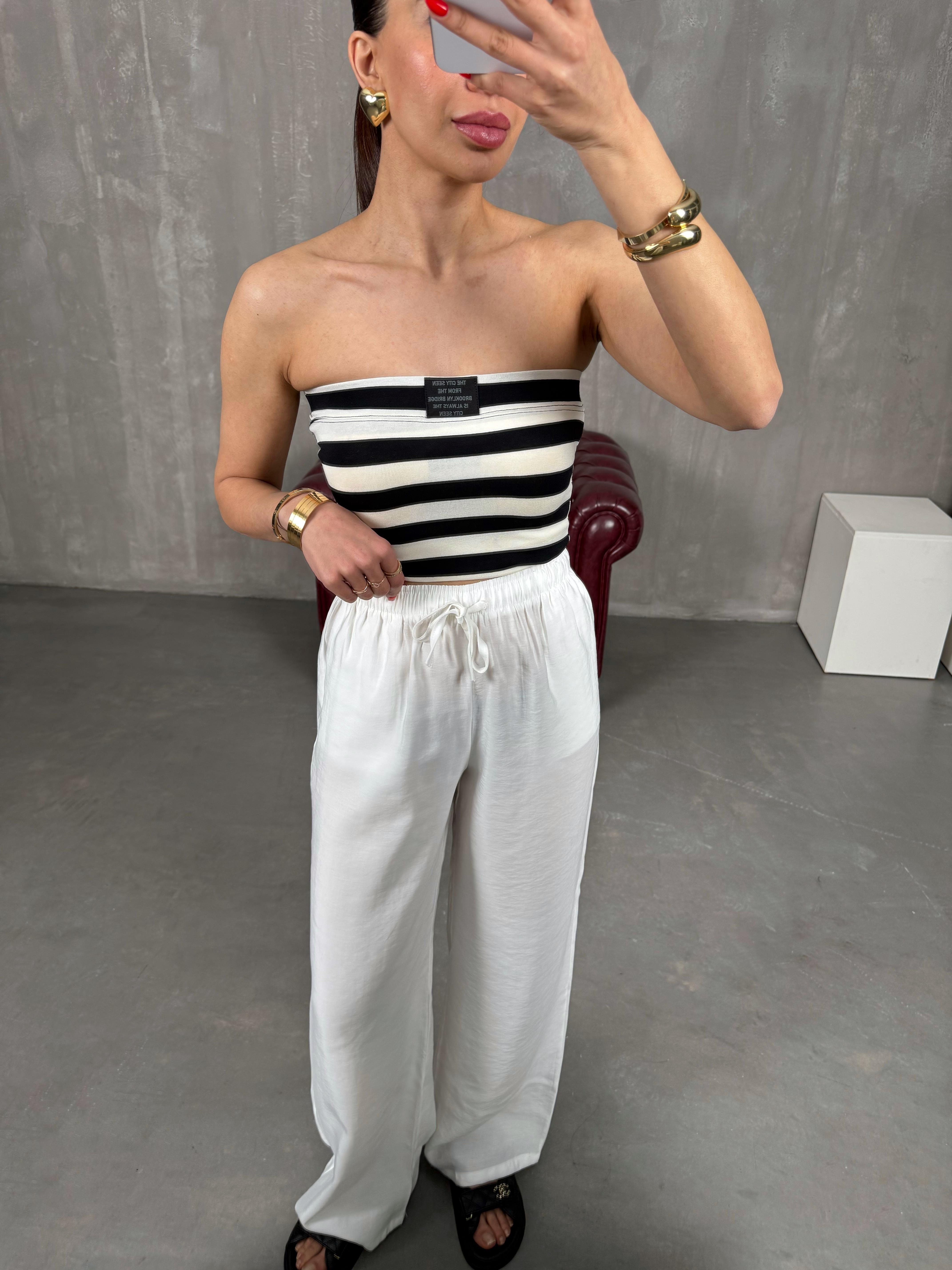 Beyaz Beli Lastikli Tensel Pantolon Gaus00212GausPANTOLONGU1001495