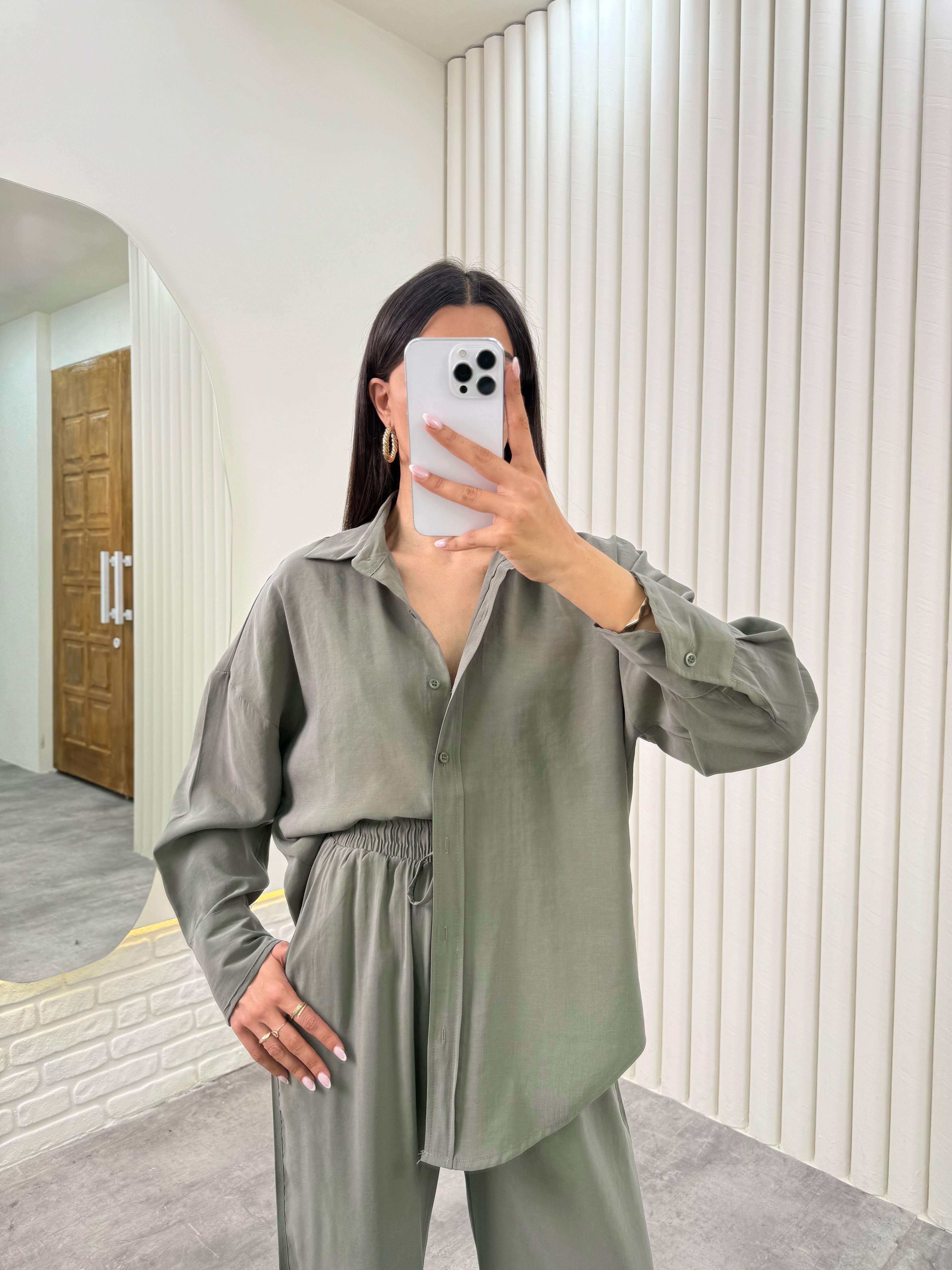 Haki Gömlek Beli Lastikli Pantolon Premium Tensel Takım Gaus00322GausTAKIMGU1001745