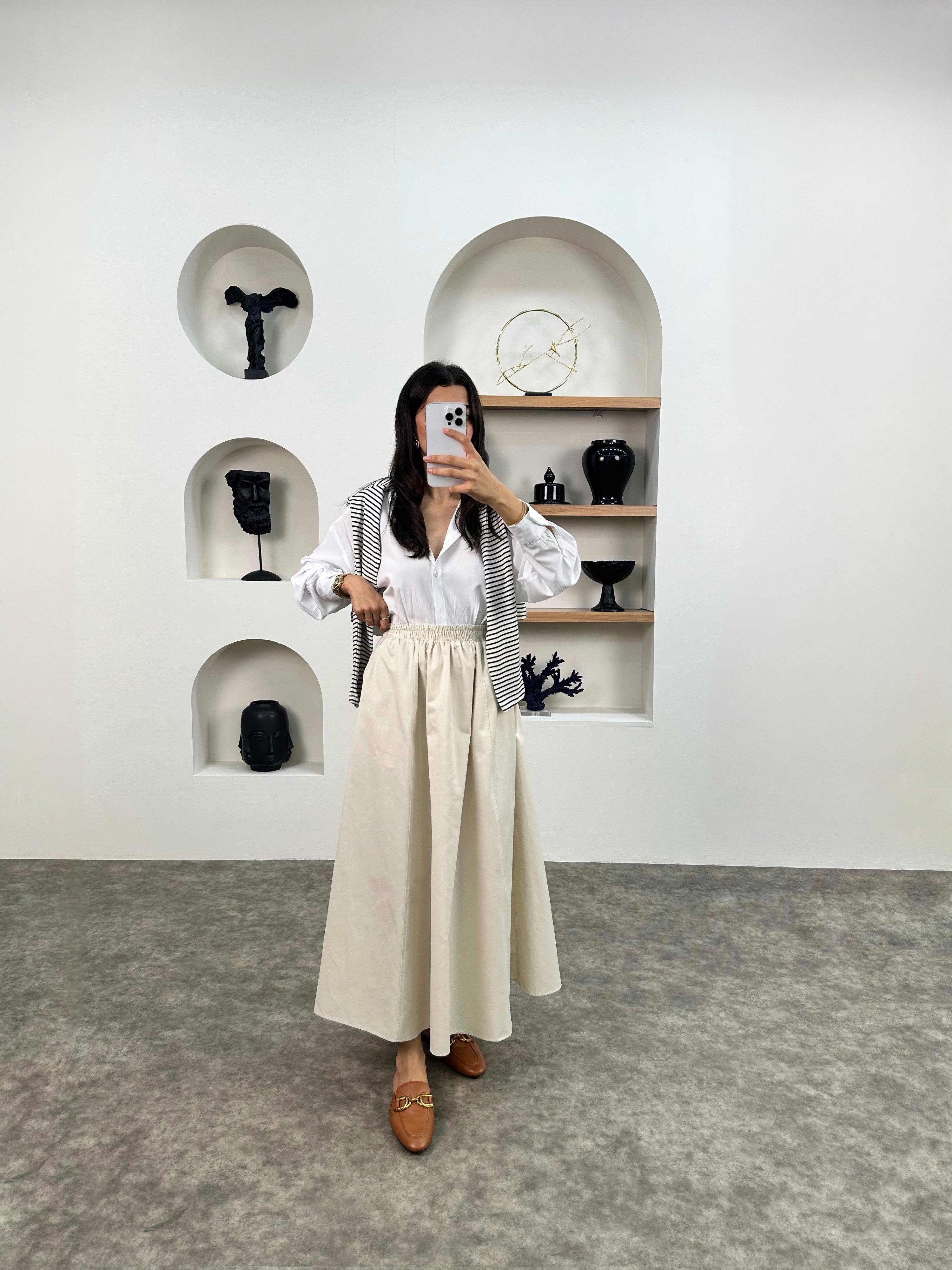 Gosa Ekru Beli Lastikli Gabardin Kumaş EtekGausETEKGU008958