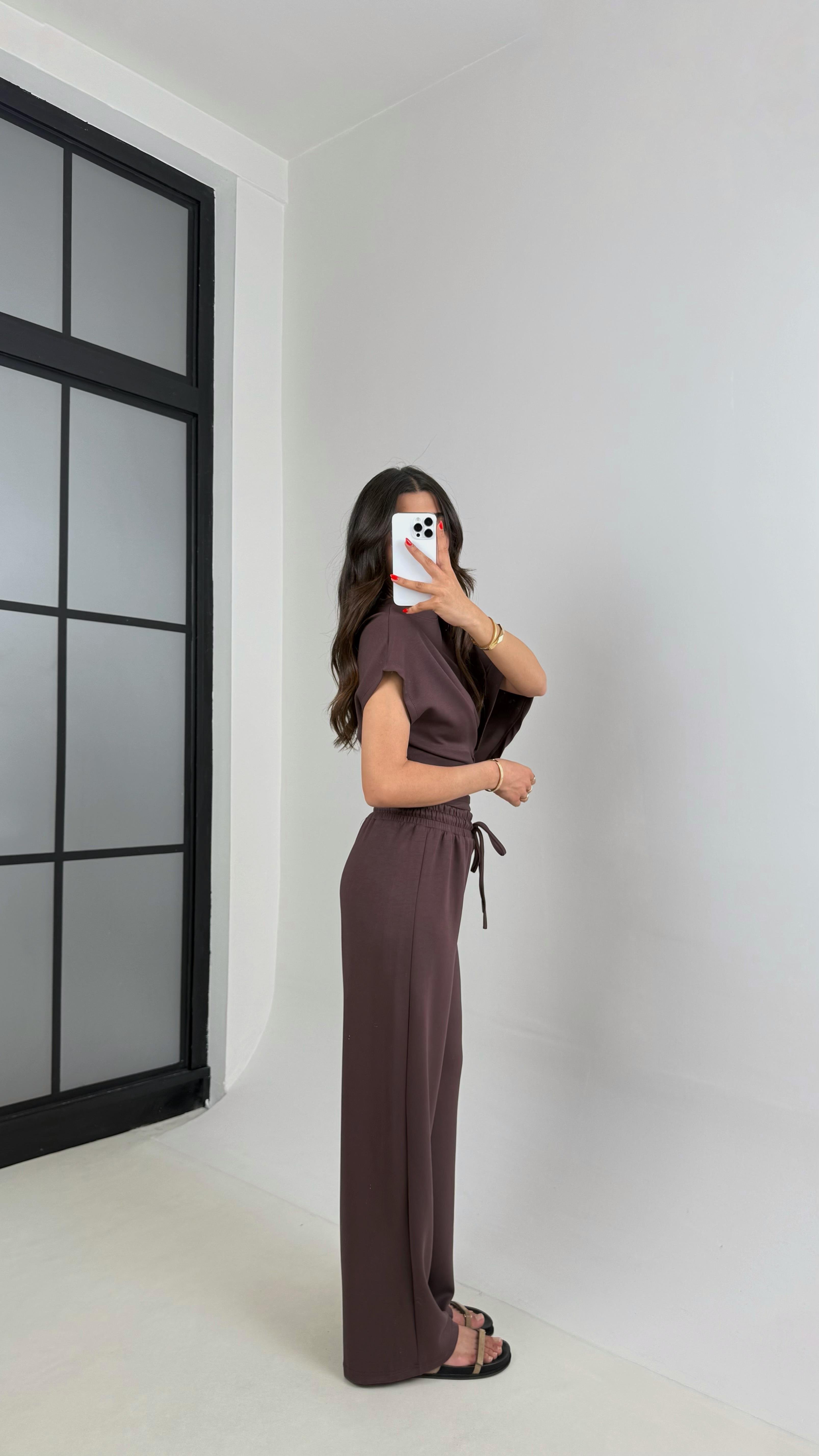 Acı Kahve Yarasa Kol Bluz Beli Lastikli Pantolon Tasarım Modal Kumaş Takım Gaus00490GausTAKIMGU1002150