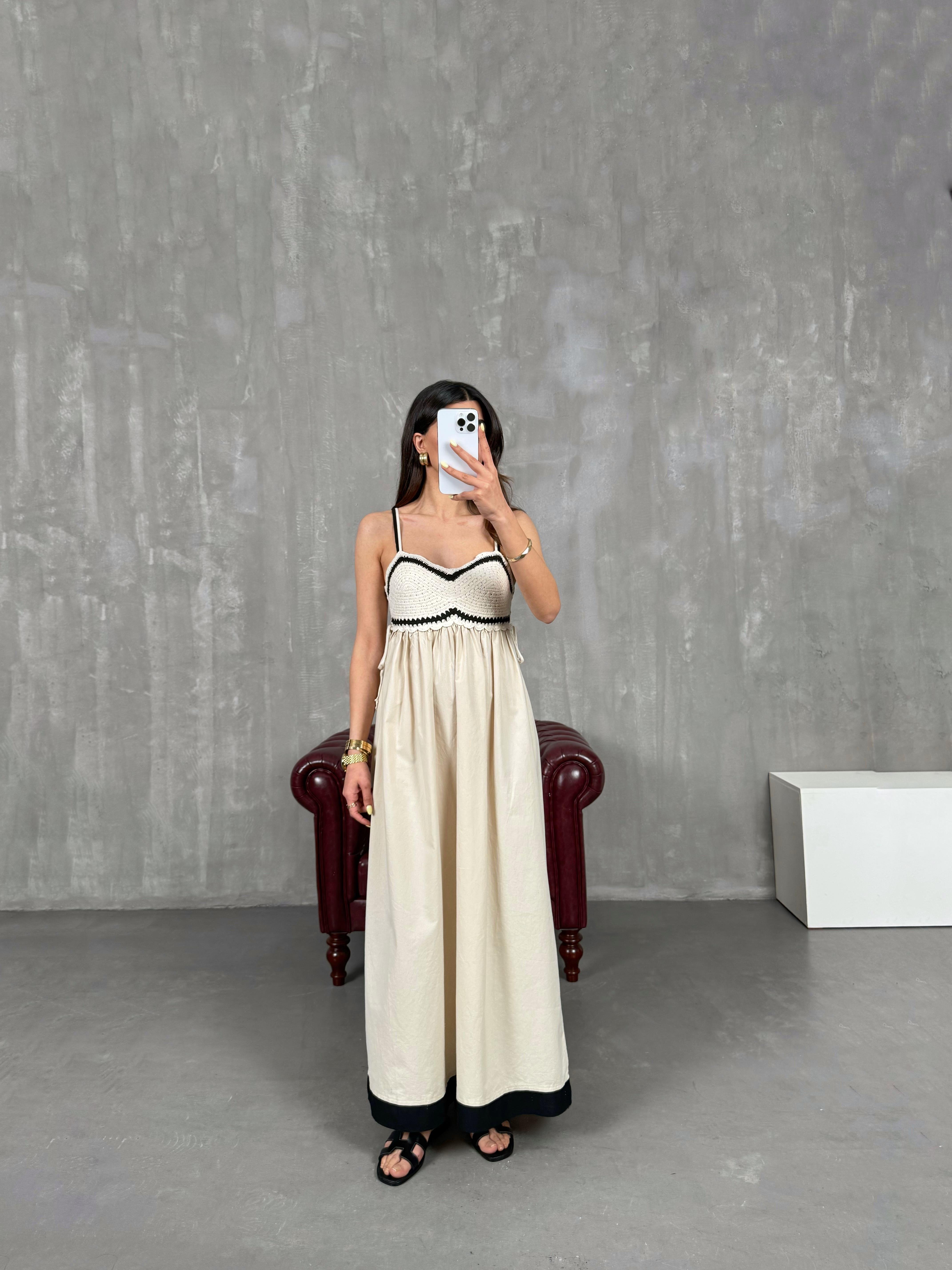 Krem Örgü Detaylı Askılı Elbise Gaus00136GausELBİSEGU1001311