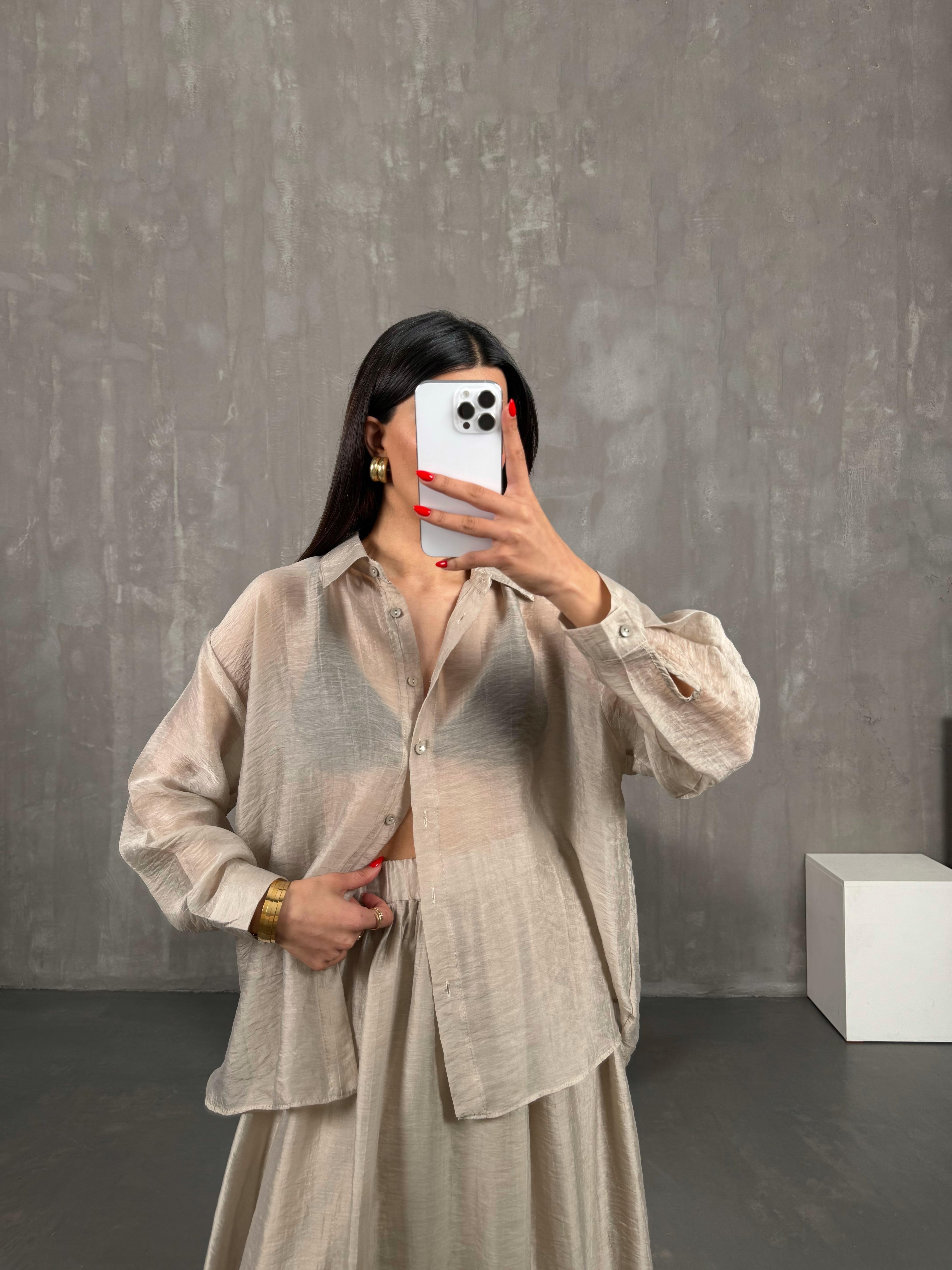 Taş Gömlek Astarlı Beli Lastikli Etek Kırışık Tensel Takım Gaus00158GausTAKIMGU1001365