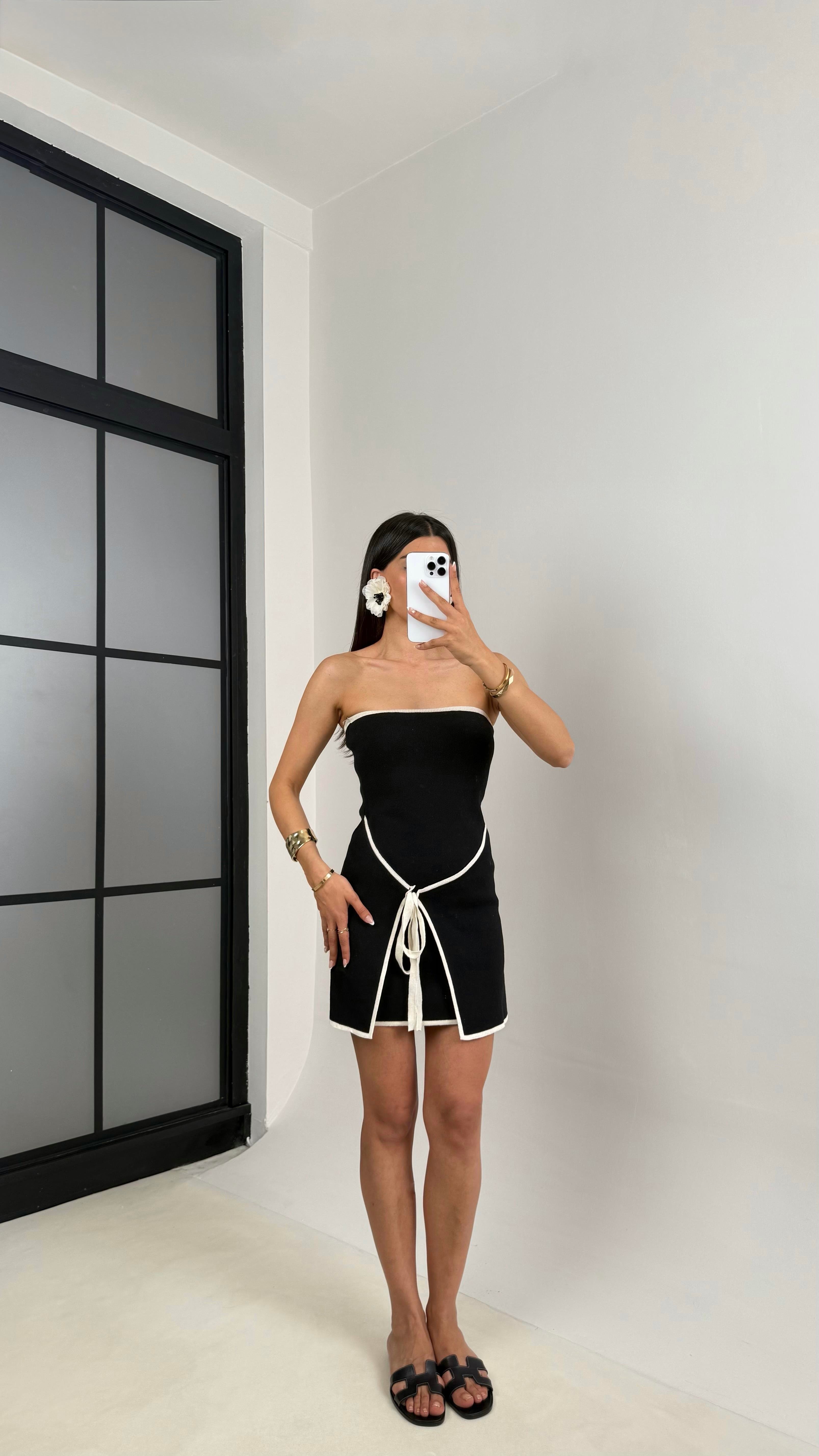 Siyah Bağlama Detaylı Straplez Triko Mini Elbise Gaus00543GausELBİSEGU1002266