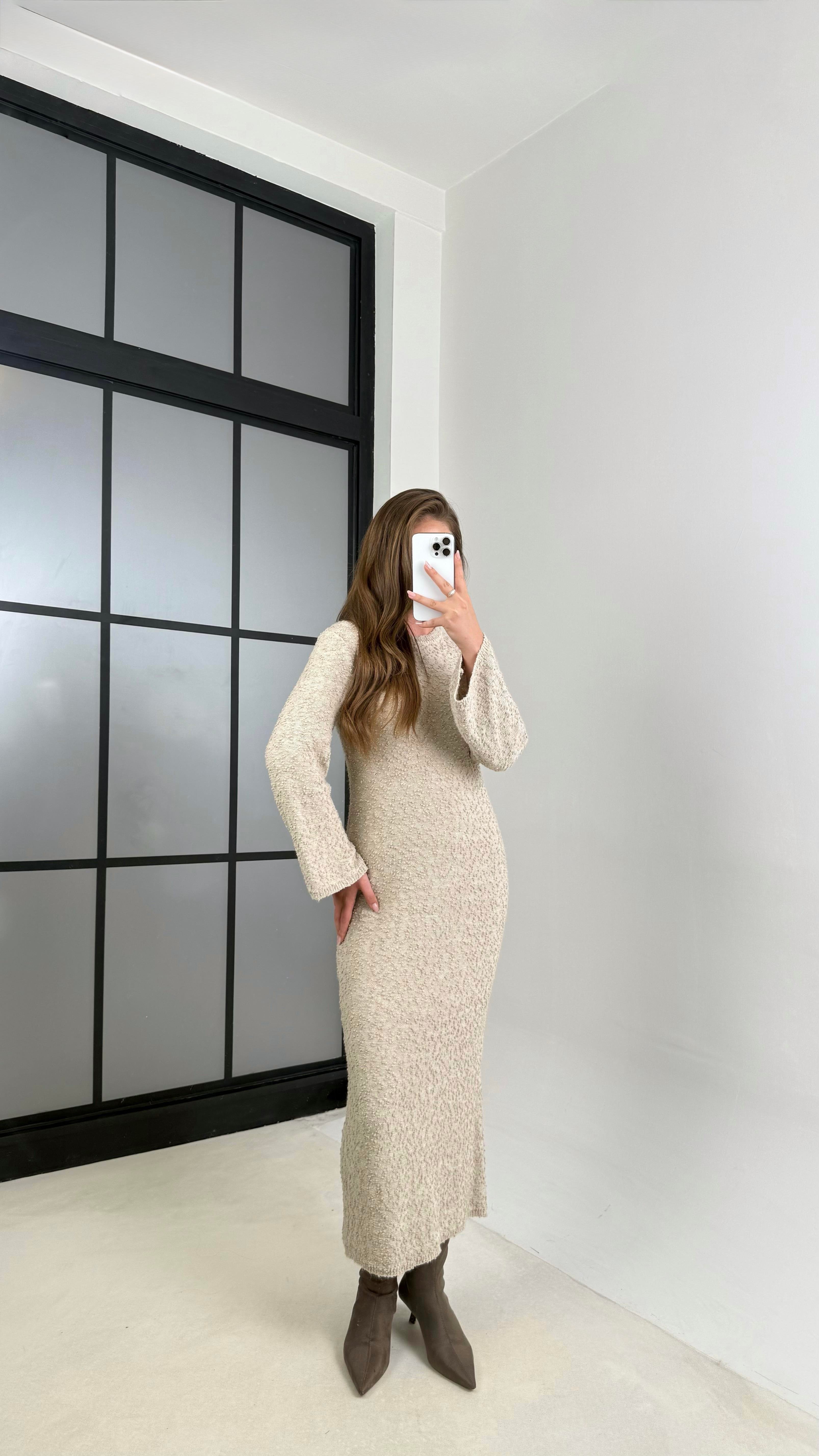 Vizon Bisiklet Yaka Tasarım Uzun Triko Elbise GAUS-00125GAUSELBİSEGAUS-00125