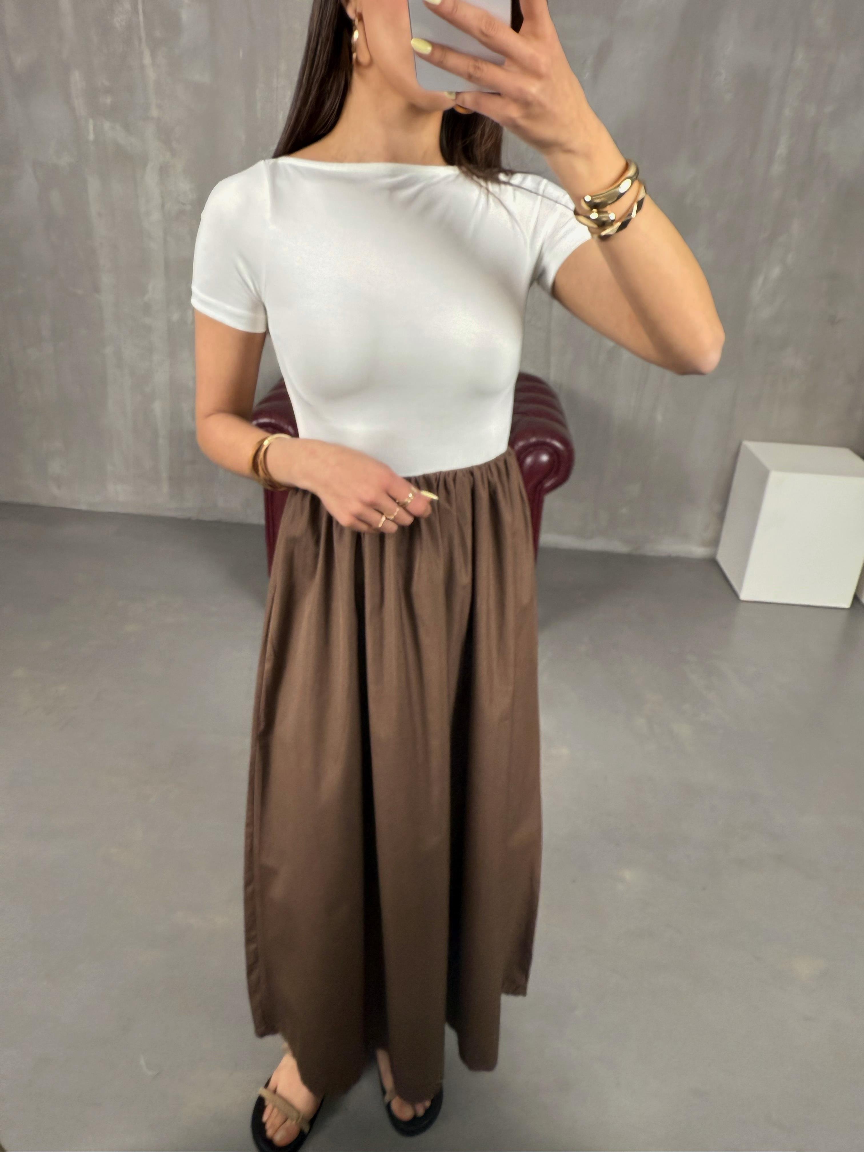 Kahve Kısa Kollu Renk Bloklu Elbise Gaus00124GausELBİSEGU1001280