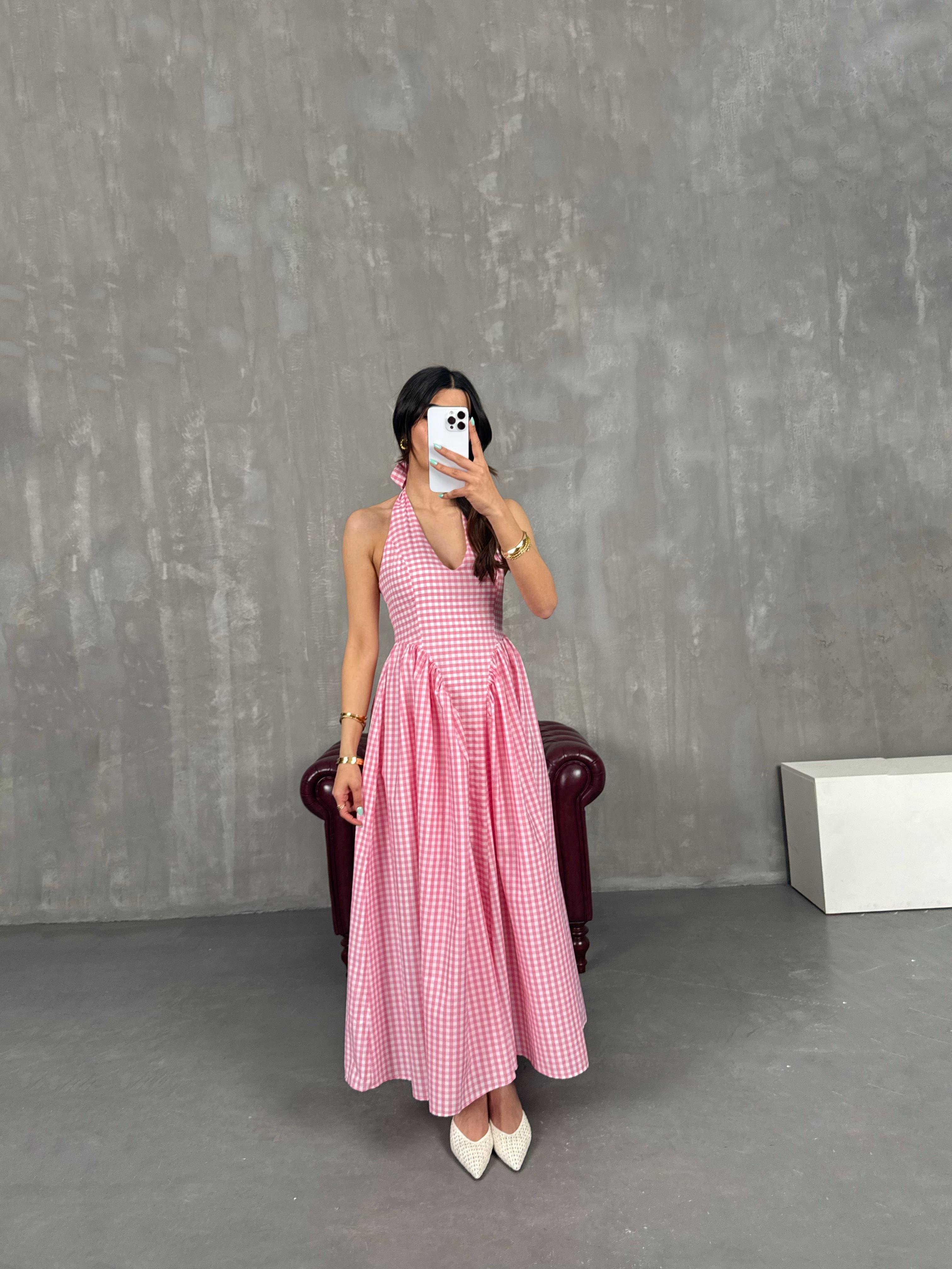 Pembe Boyundan Bağlamalı Yarım Astarlı Pötikare Elbise Gaus00235GausELBİSEGU1001542