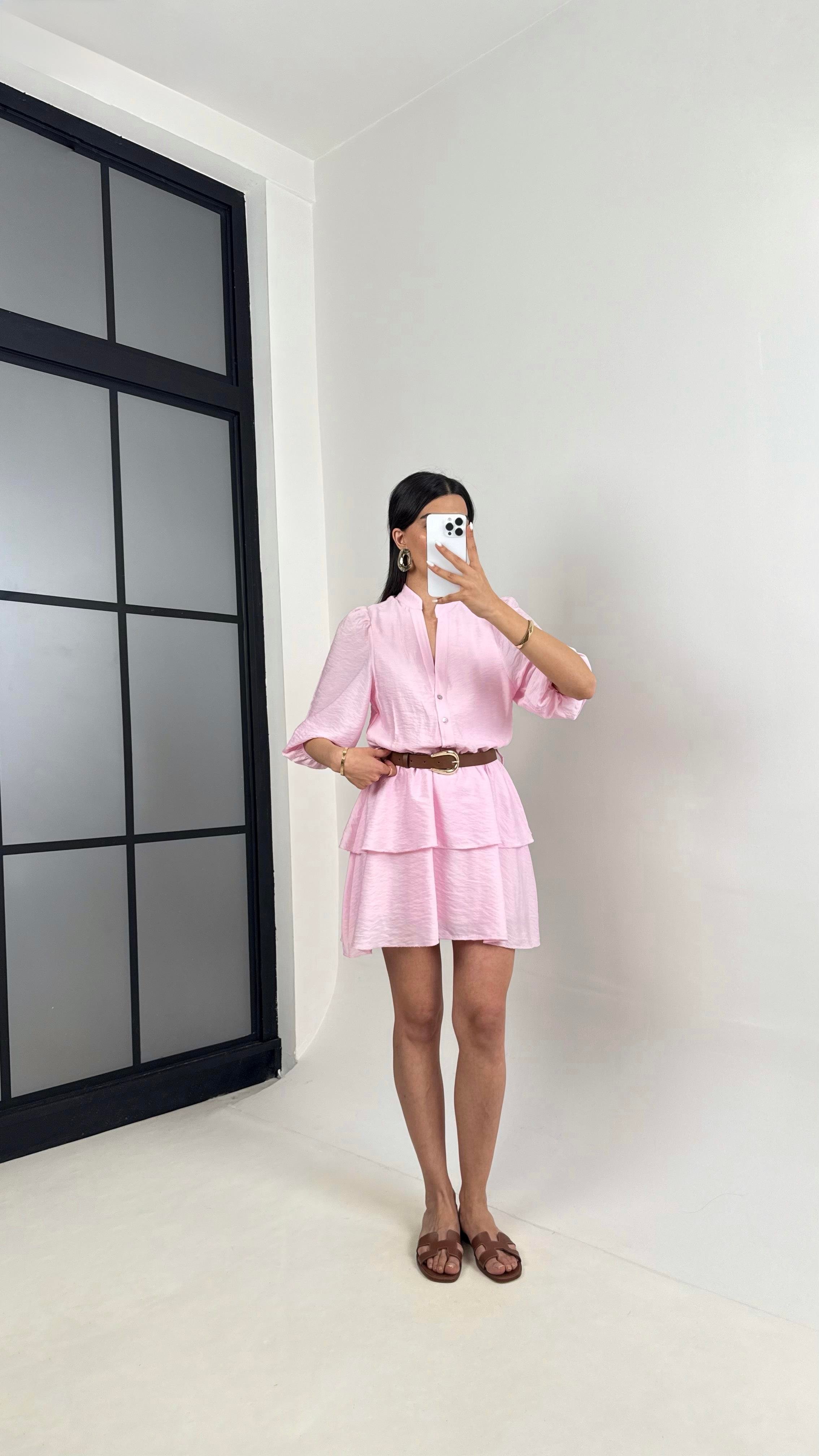 Pembe V Yaka Astarlı Kemerli Önü Düğmeli Tencel Elbise Gaus00450GausELBİSEGU1002049