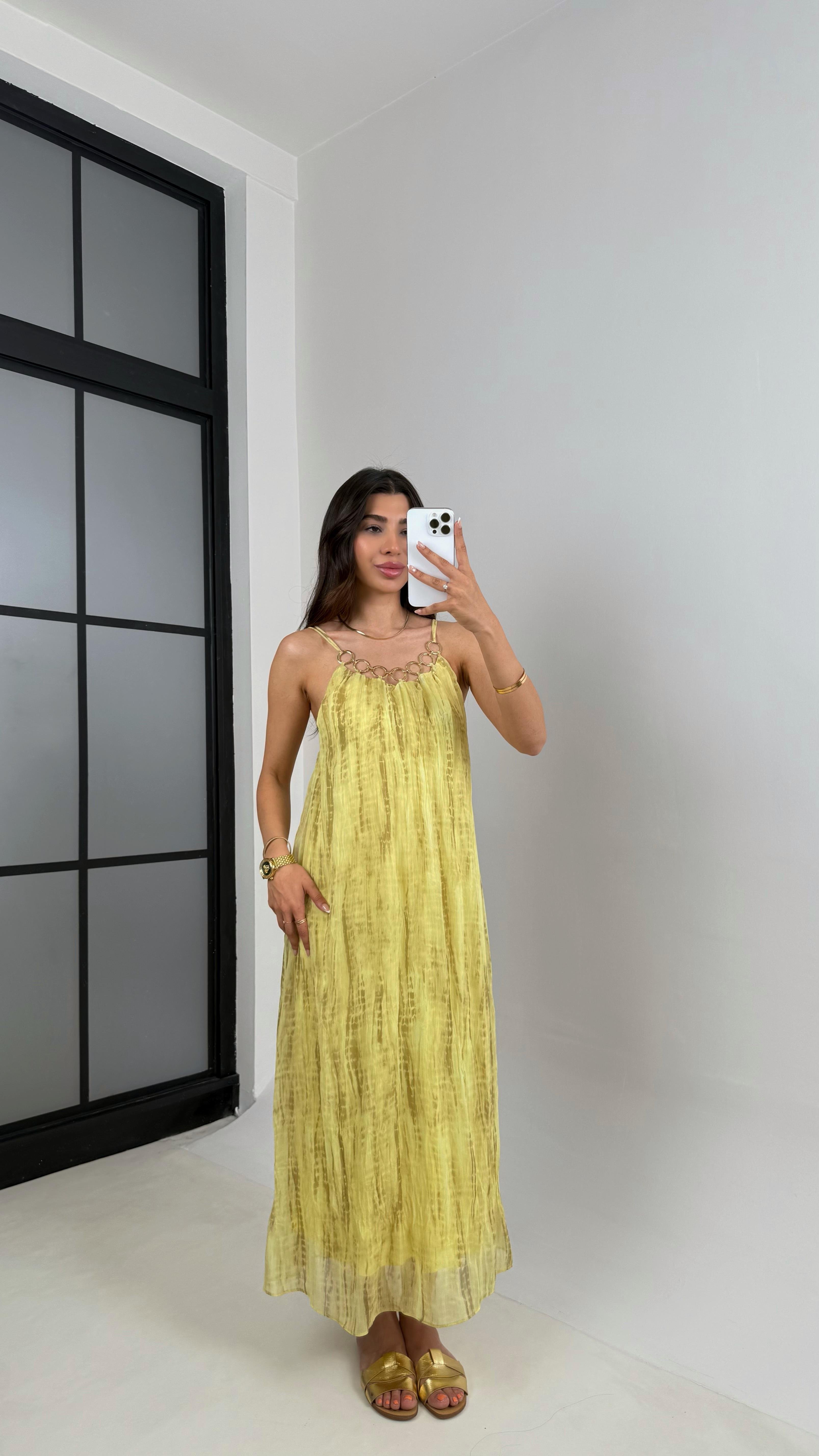 Sarı Askılı Gold Detaylı Astarlı Kırışık Kumaş Elbise Gaus00560GausELBİSEGU1002306