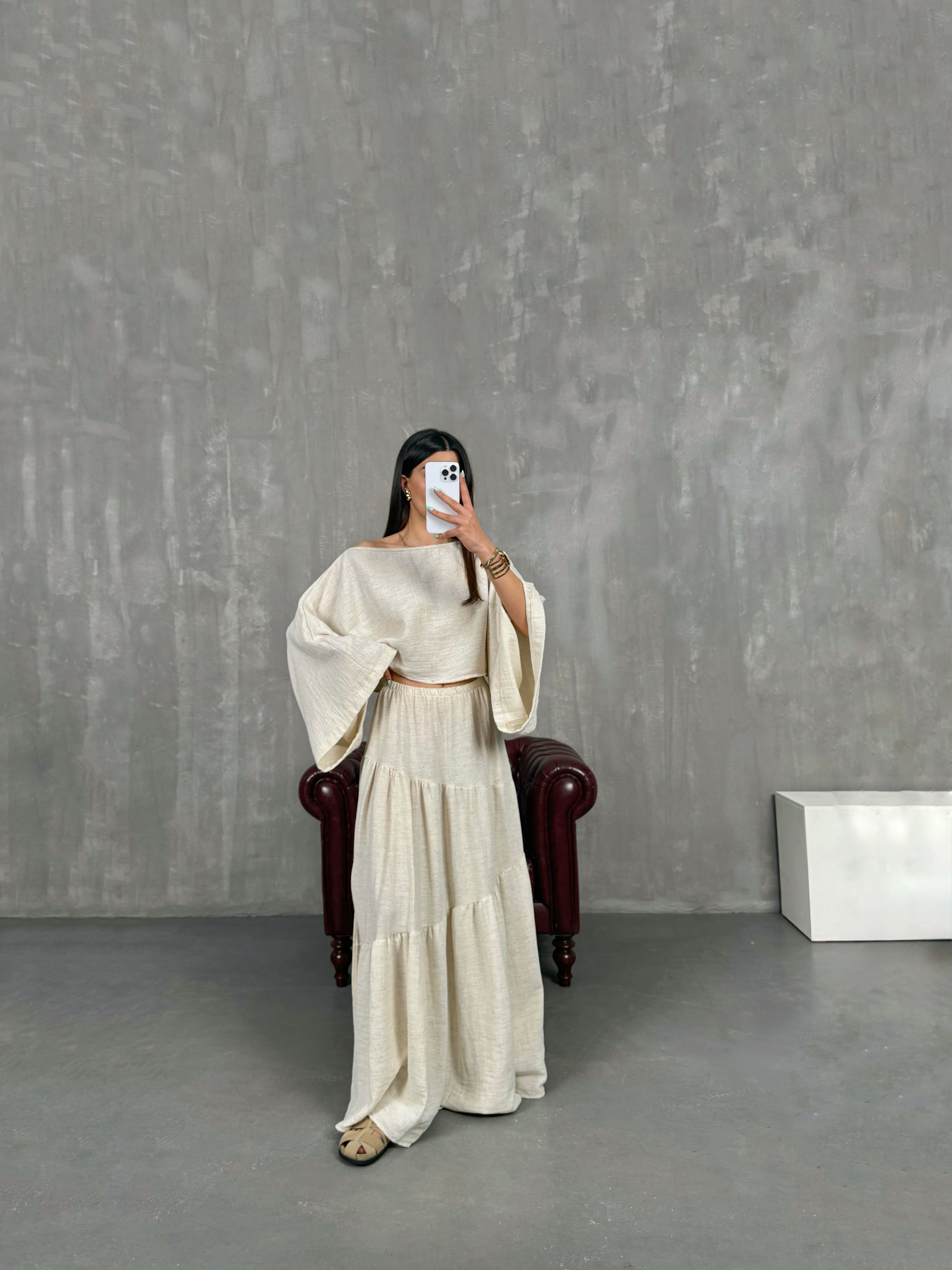 Taş Beli Lastikli Yırtmaçlı Etek Salaş İkili Keten Takım Gaus00249GausTAKIMGU1001575