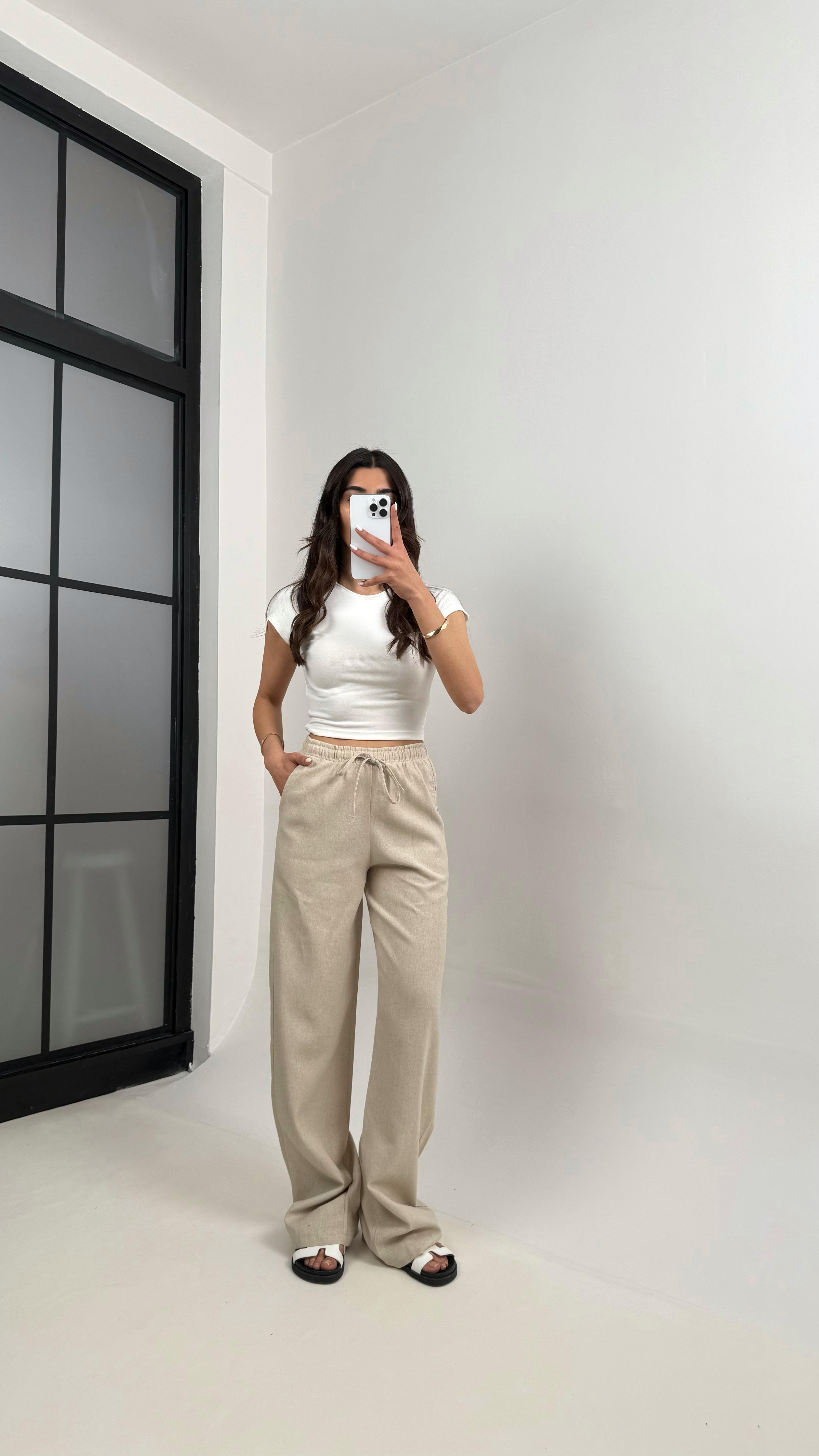 Taş Beli Lastikli Muadil Keten Pantolon Gaus00346GausPantsGU1001805