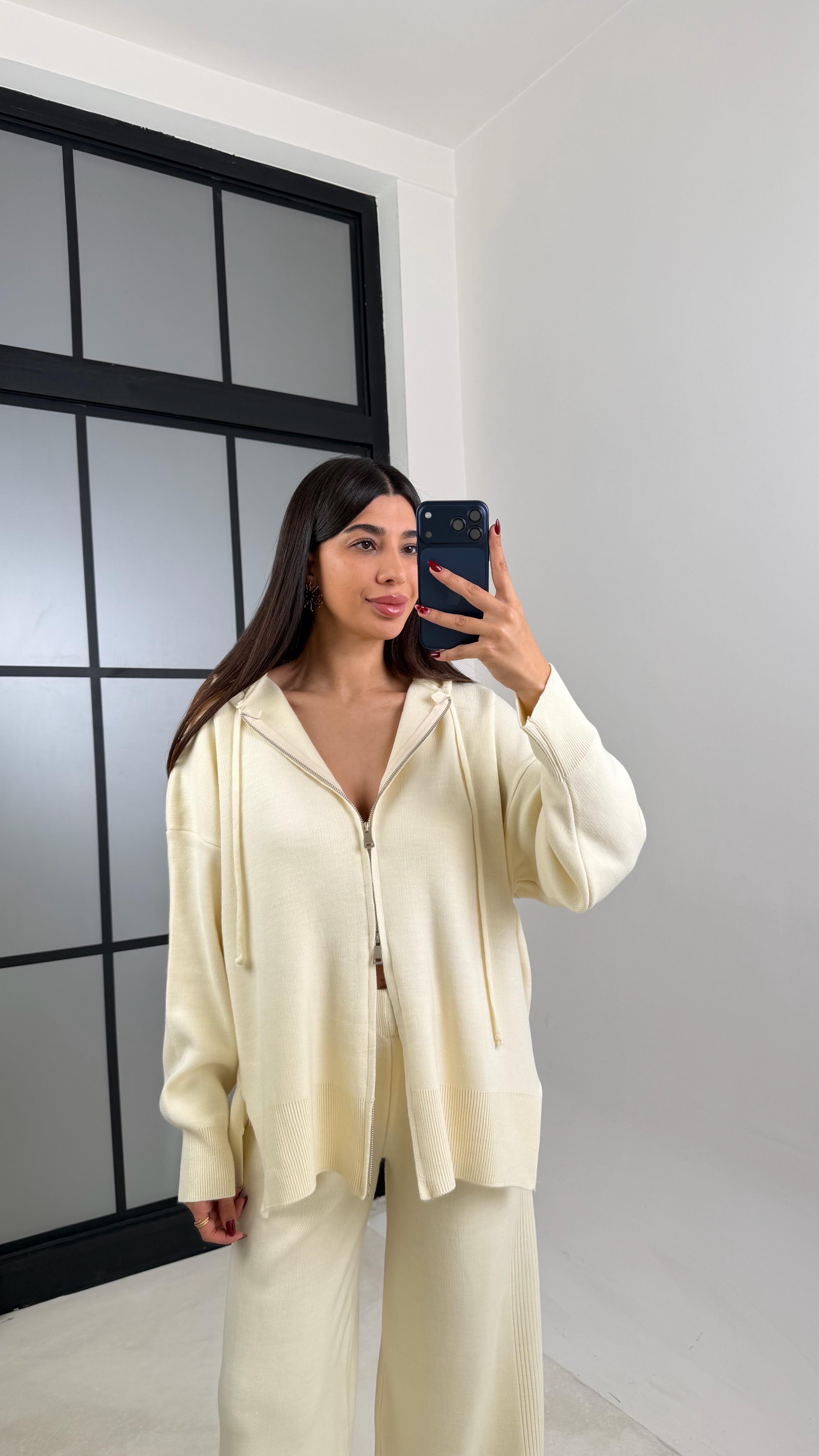 Ekru Çift Fermuarlı Kapüşonlu Hırka Beli Lastikli Pantolon İkili Triko Takım GAUS-00676GAUSTAKIMGAUS-00676