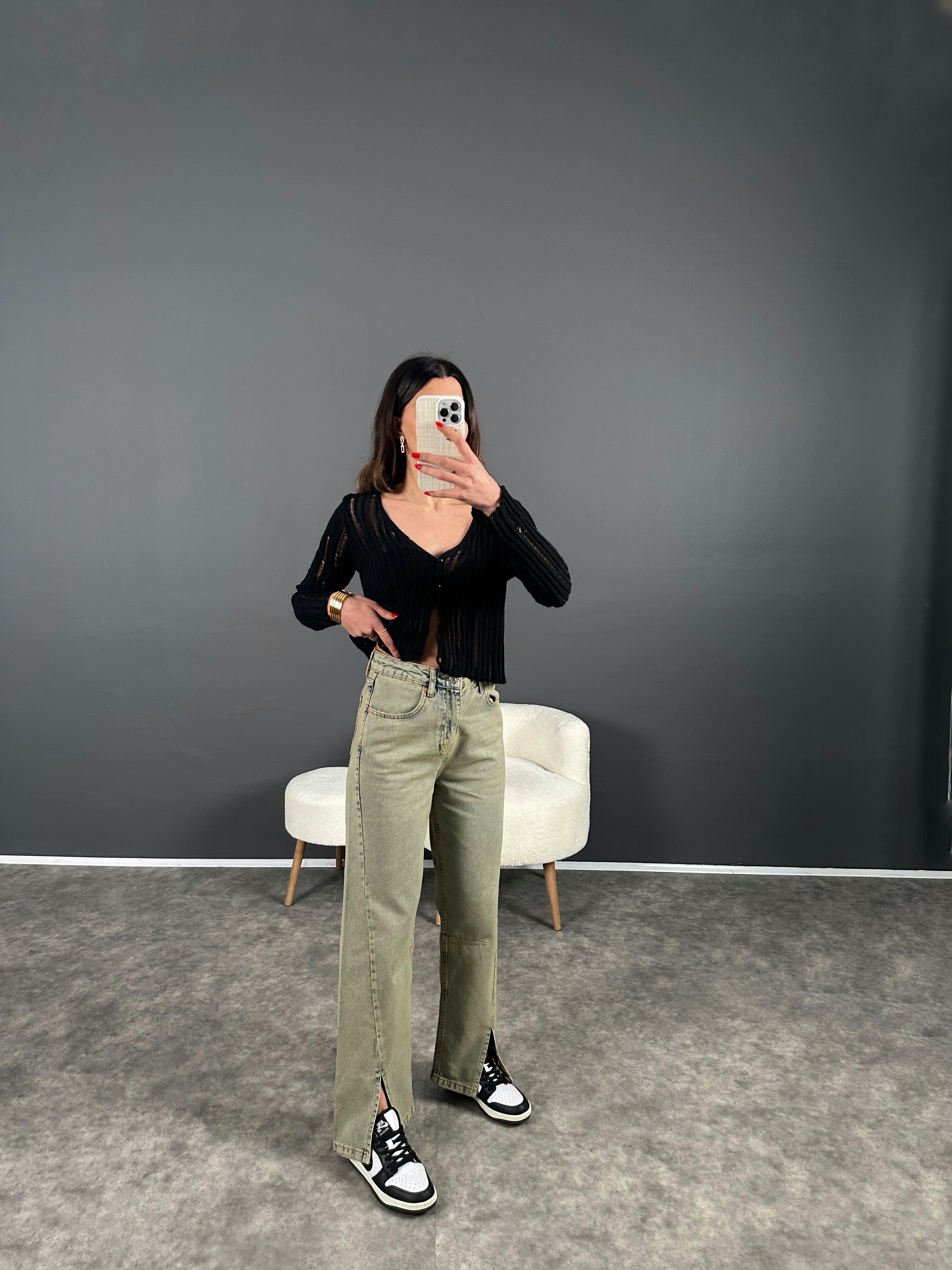 Yung Yeşil Eskitme Ön Yırtmaçlı Jean GausDENİM PANTOLONGU004418