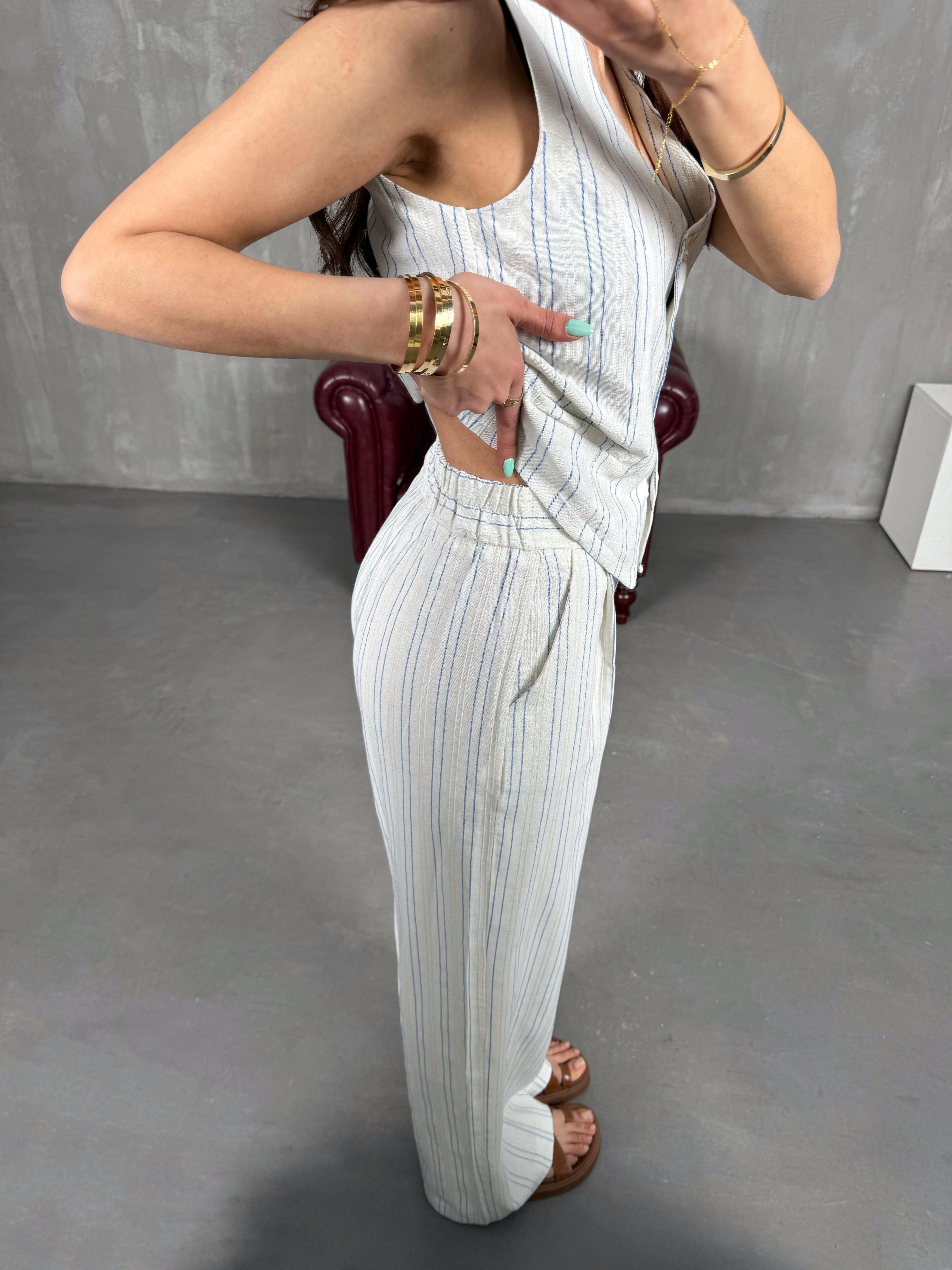 Taş Mavi Çizgili Yelekli Keten Takım Gaus00231GausTAKIMGU1001532