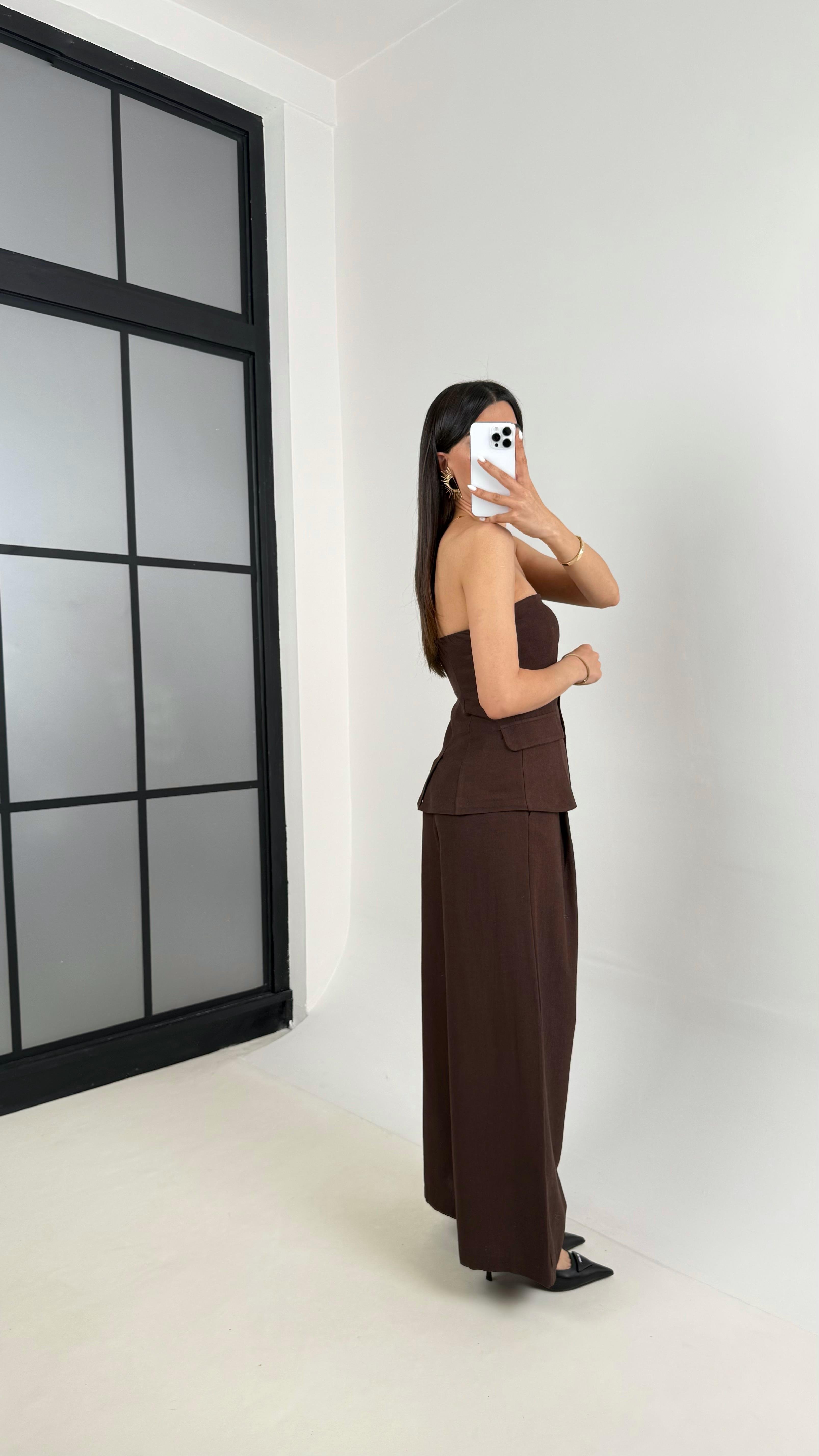 Acı Kahve Straplez Düğmeli Üst Cepli Pantolon İkili Keten Tasarım Takım Gaus00440GausTAKIMGU1002021