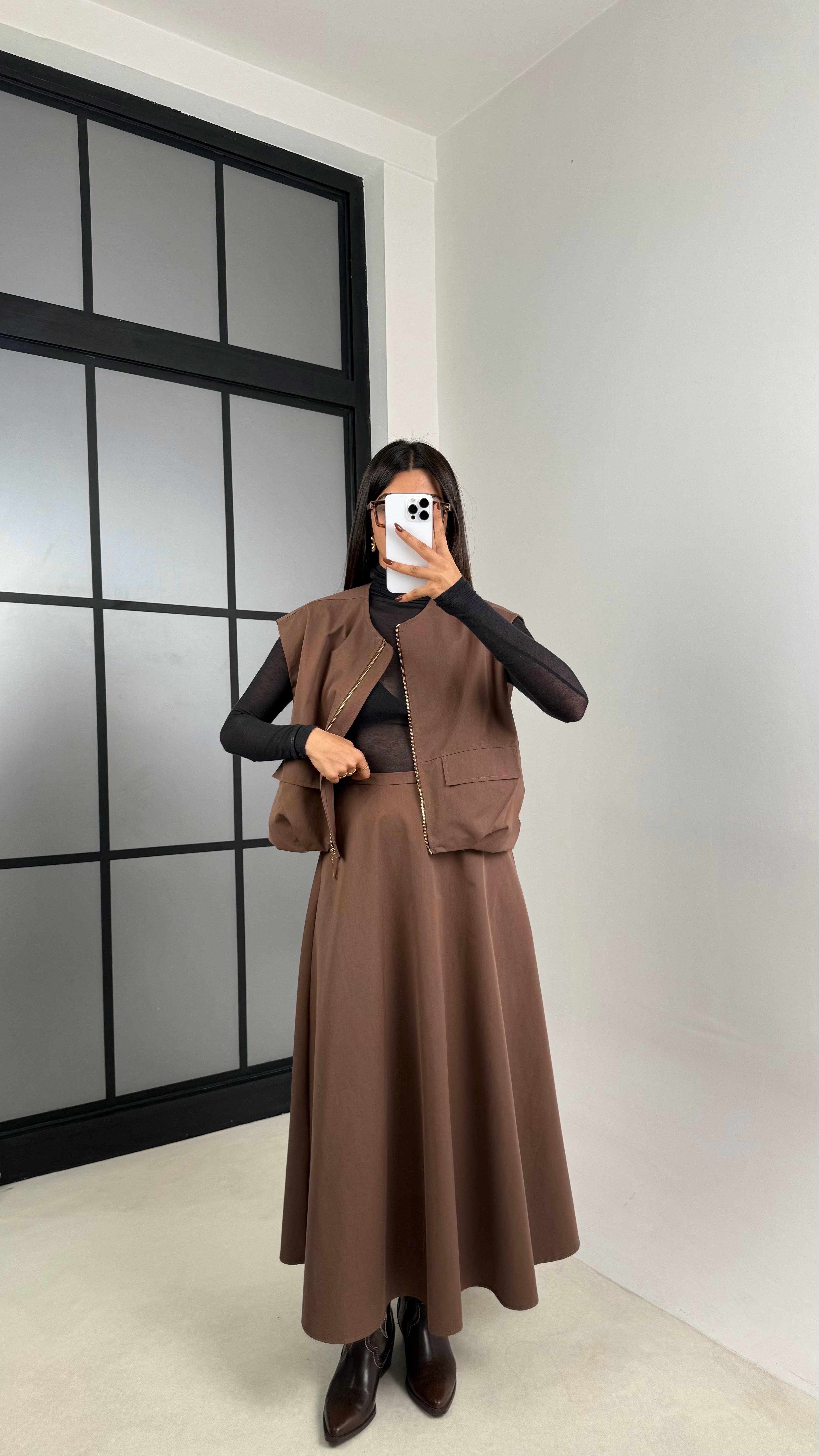 Kahve Astarlı Cep Detaylı Yelek Etek İkili Premium Takım GAUS-00181GAUSTAKIMGAUS-00181