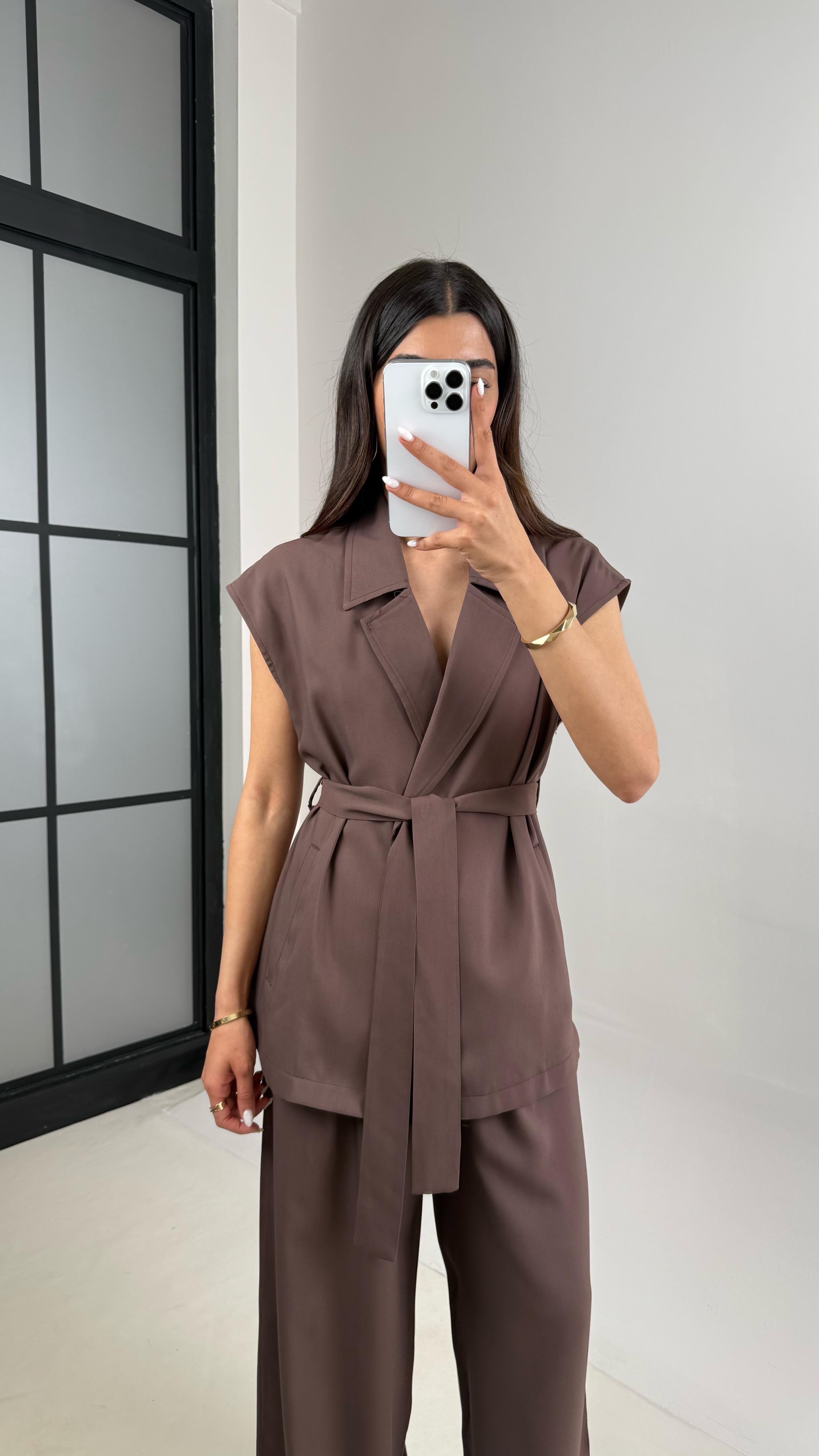 Acı Kahve Cepli Kuşaklı Yelek Beli Lastikli Pantolon Tensel Takım Gaus00433GausTAKIMGU1002004