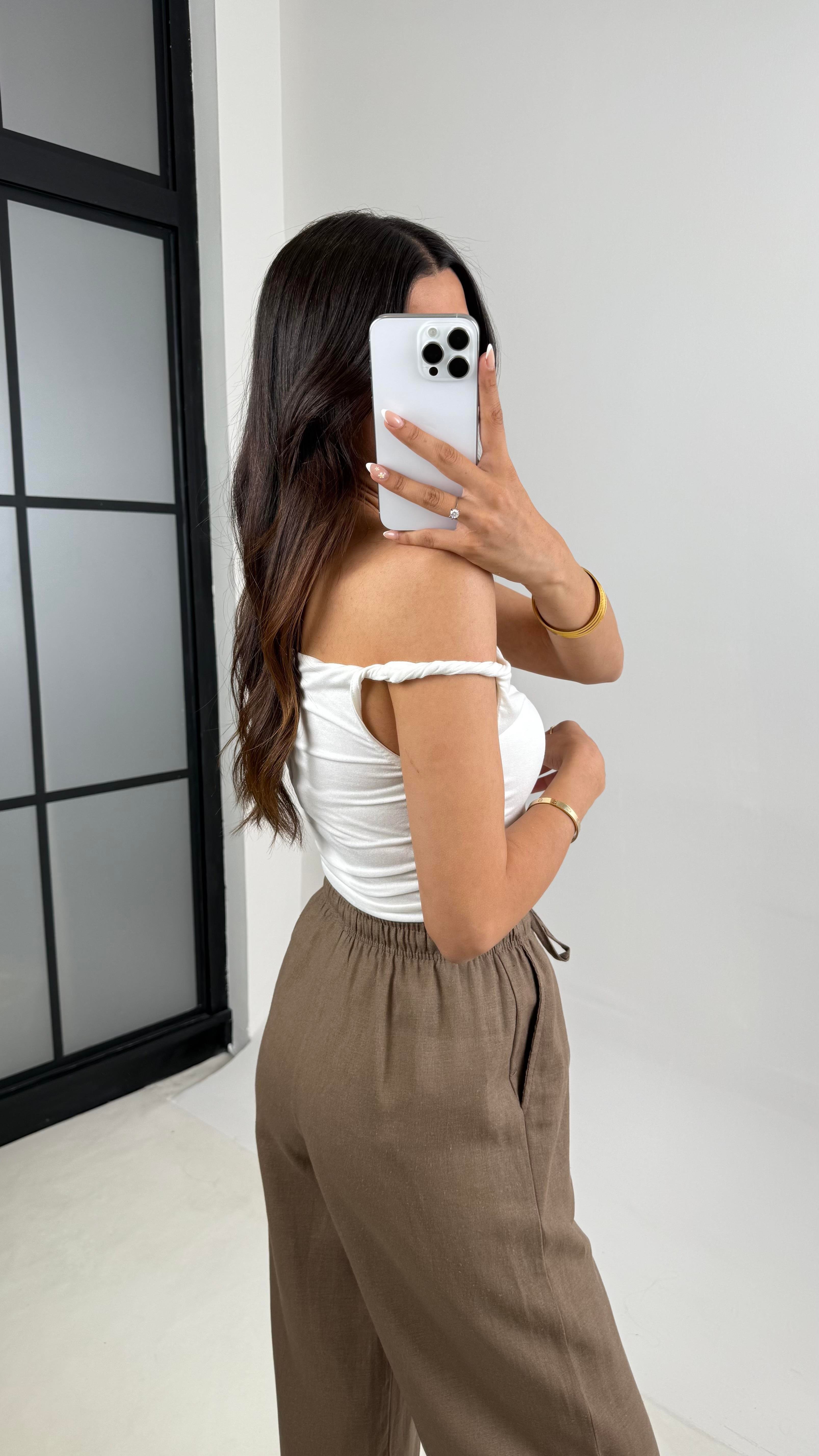 Kahve Beli Lastikli Muadil Keten Pantolon Gaus00623GausPANTOLONGU1002454