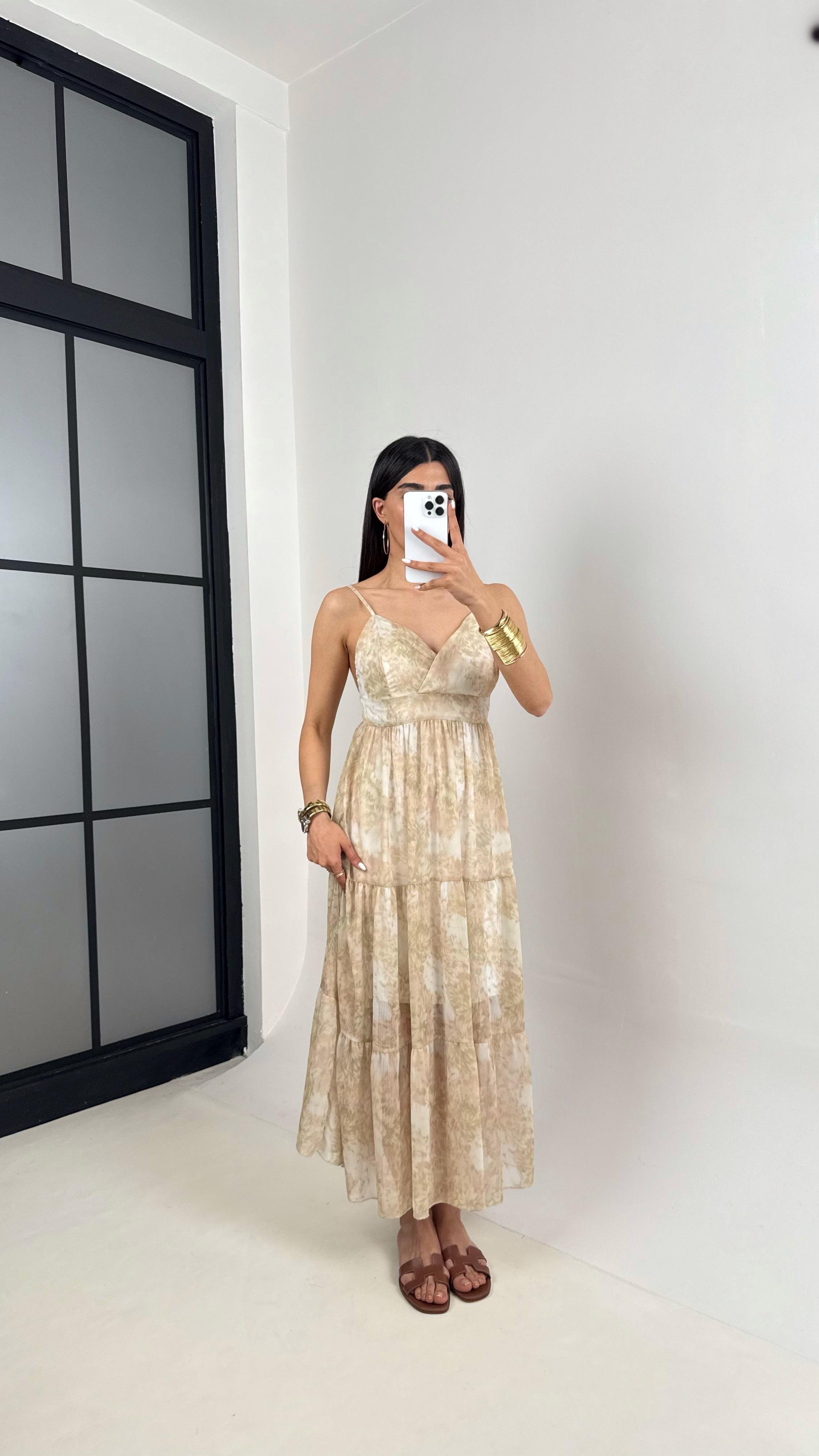 Bej Desenli Ayarlanabilir Askılı Yarım Astarlı Şifon Elbise Gaus00411GausELBİSEGU1001959