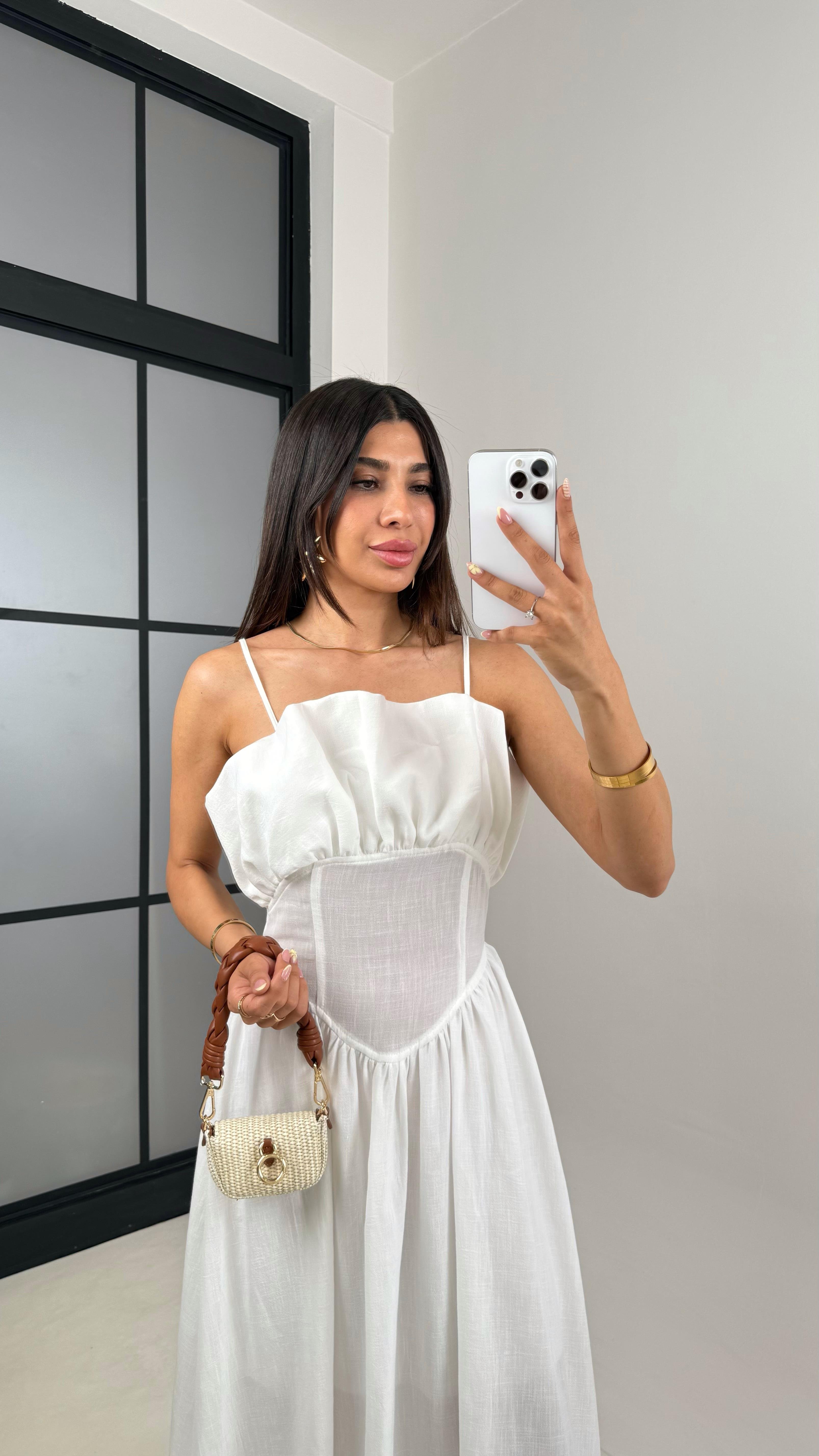 Beyaz Ayarlanabilir Askılı Korse Detaylı Astarlı Keten Elbise Gaus00640GausELBİSEGU1002491