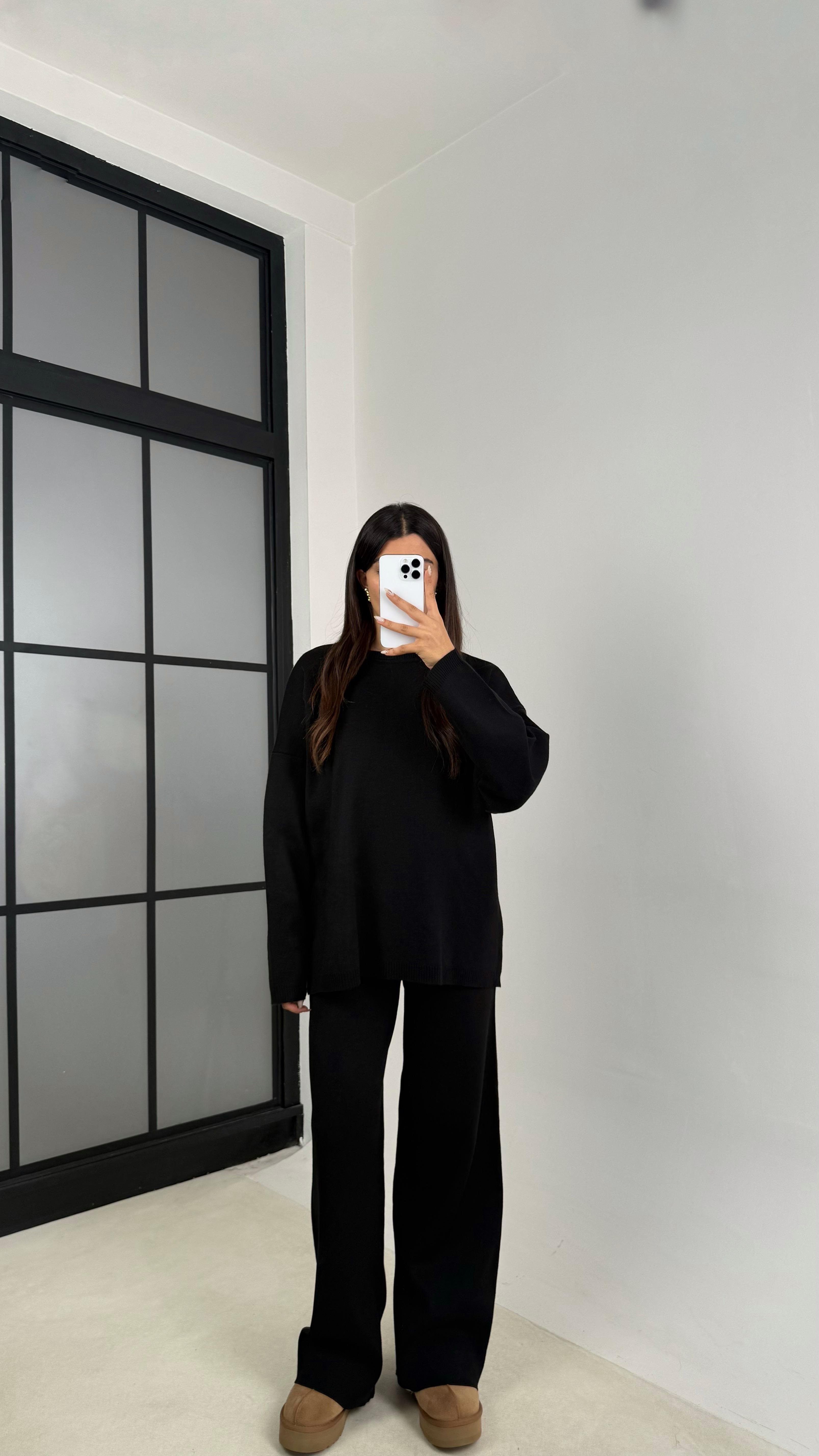 Siyah Uzun Kol Kazak Beli Lastikli Pantalon İkili Triko Takım GAUS-00103GAUSTAKIMGAUS-00103