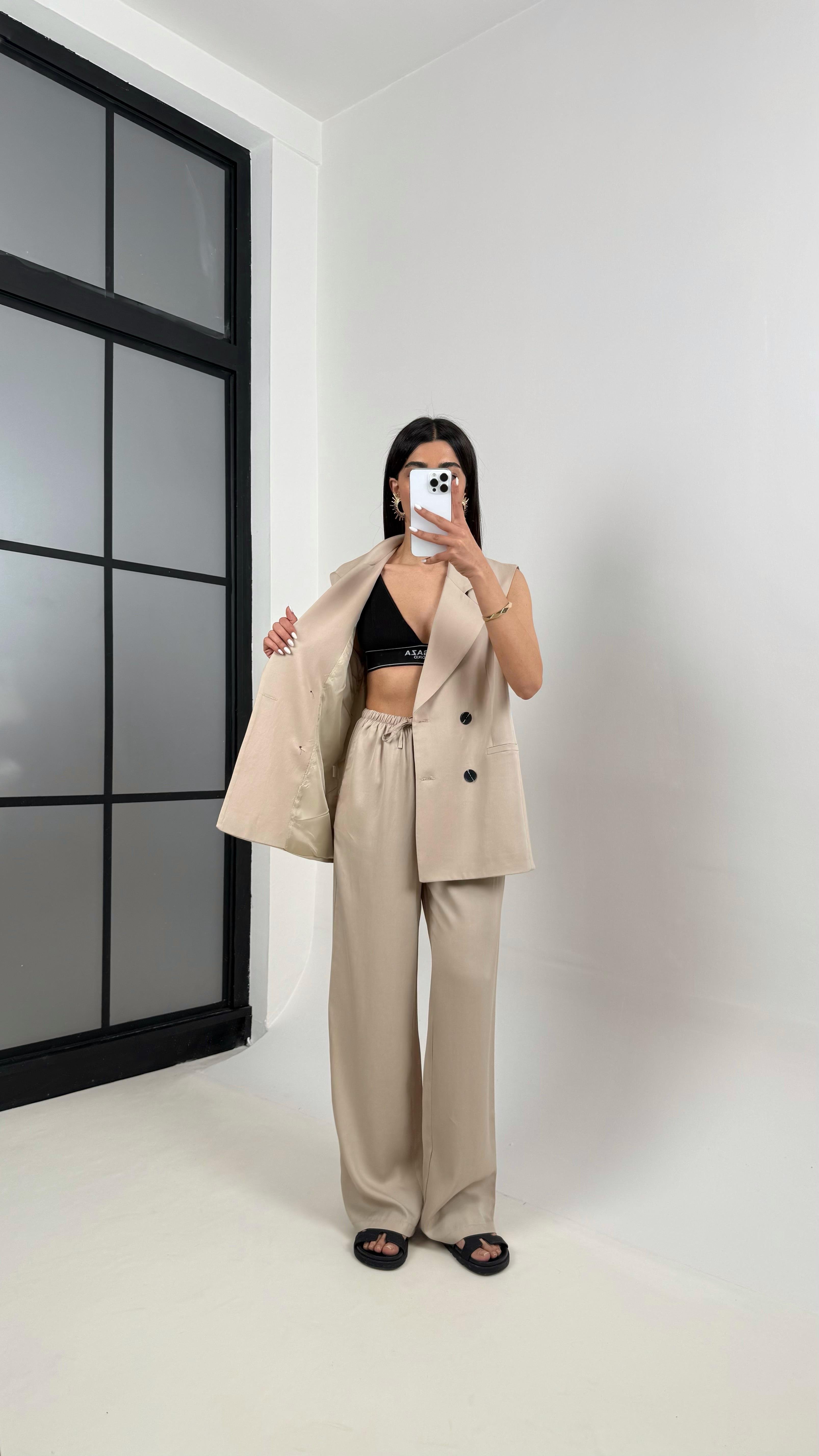 Taş  Önü Düğmeli Astarlı Yelek Beli Lastikli Pantolon Tencel Premium Takım Gaus00366GausTAKIMGU1001850