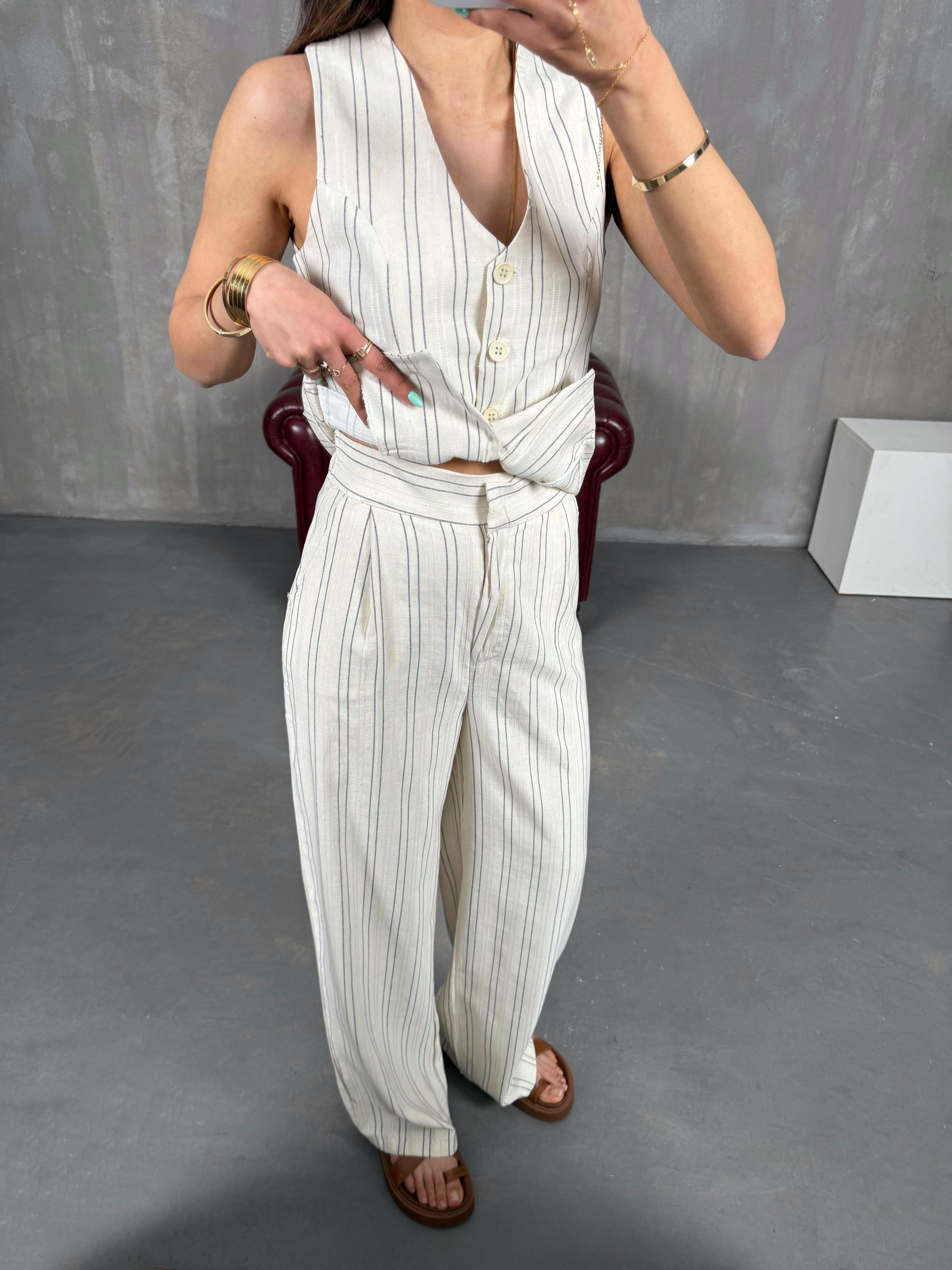 Taş Siyah Çizgili Yelekli Keten Takım Gaus00231GausTAKIMGU1001531