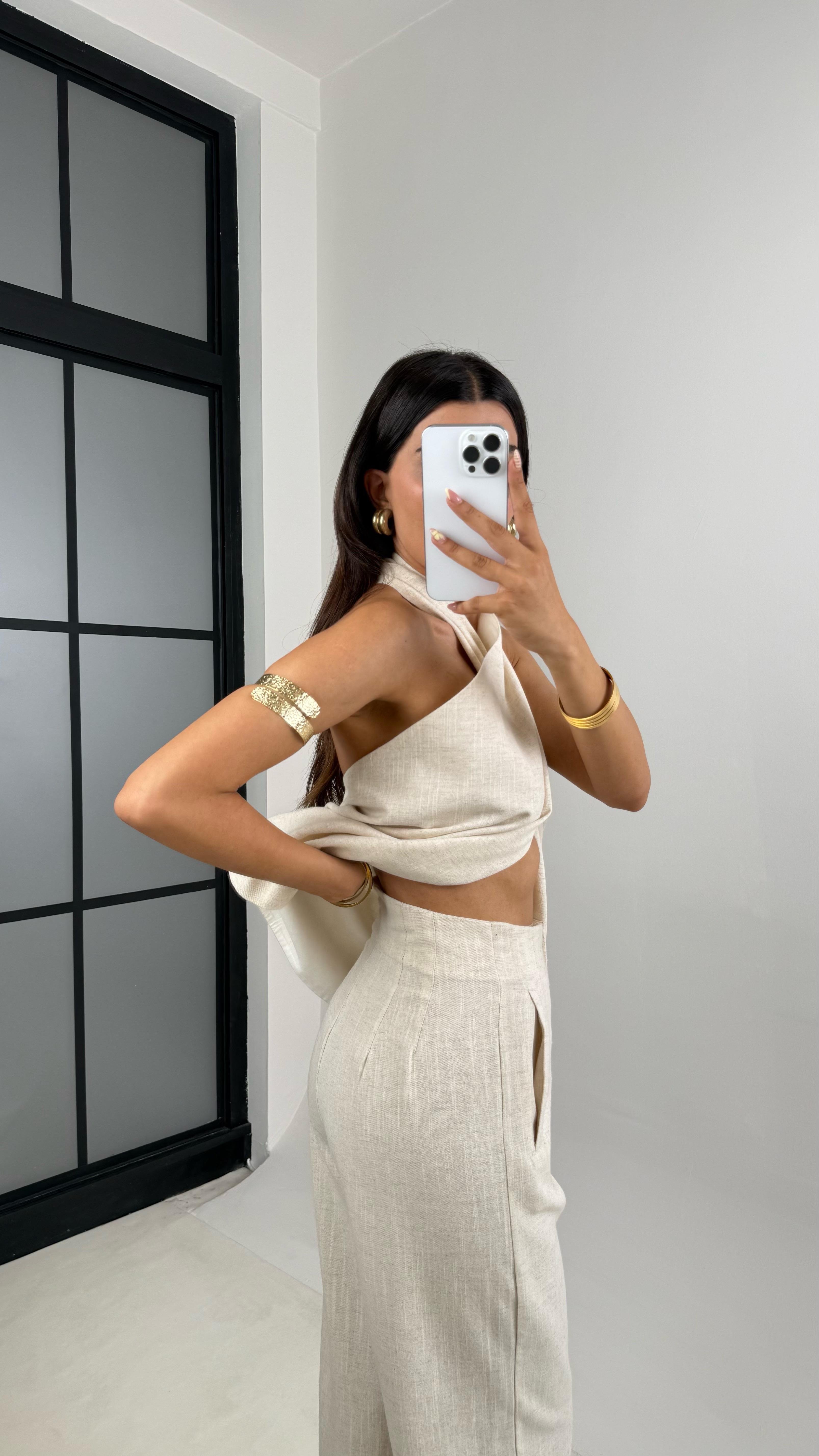 Taş Boyundan Bağlamalı Sırt Dekolteli Bluz Pantolon Tasarım İkili Keten Takım Gaus00684GausTAKIMGU1002579