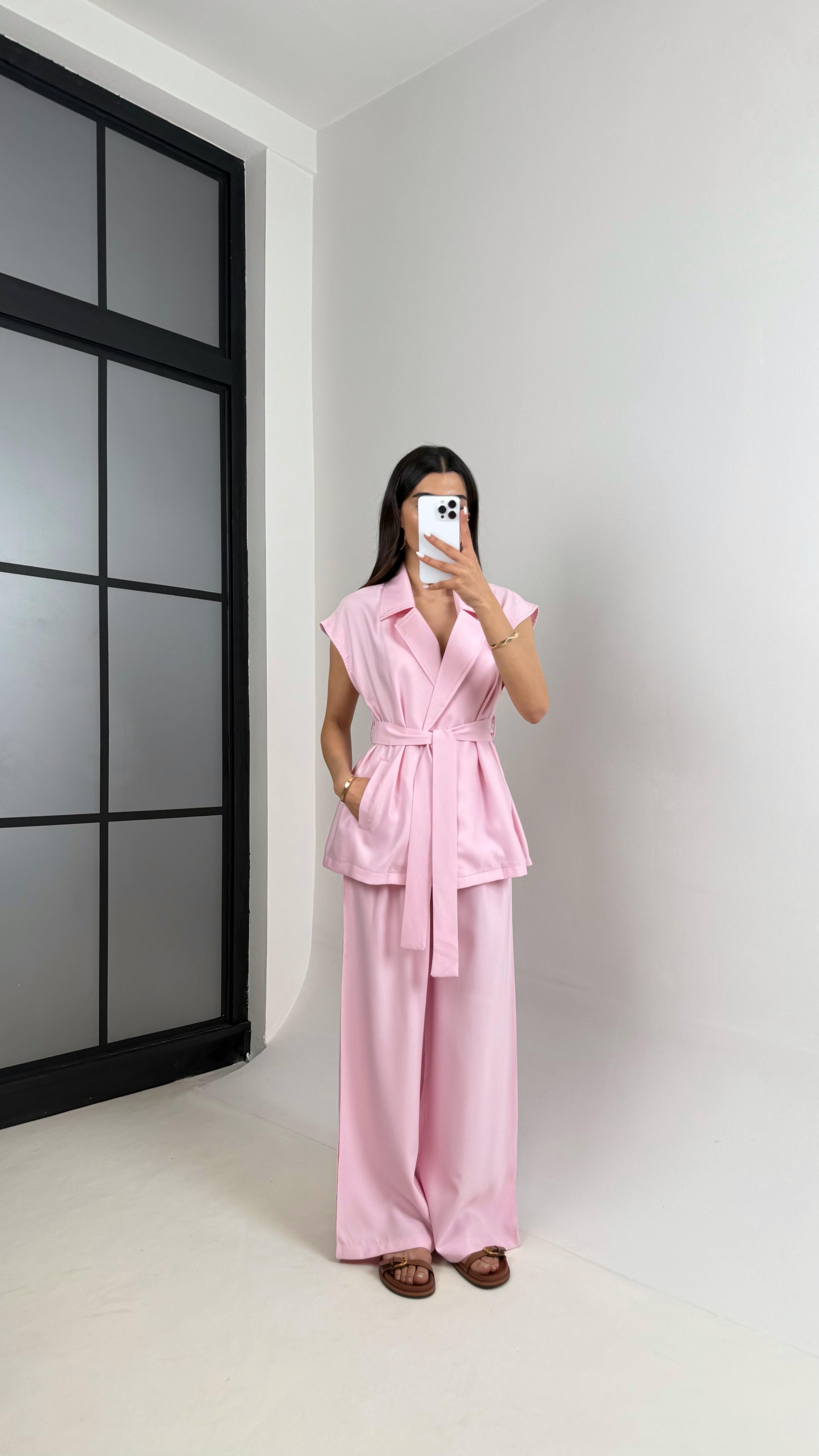 Pembe Cepli Kuşaklı Yelek Beli Lastikli Pantolon Tensel Takım Gaus00433GausTAKIMGU1002003