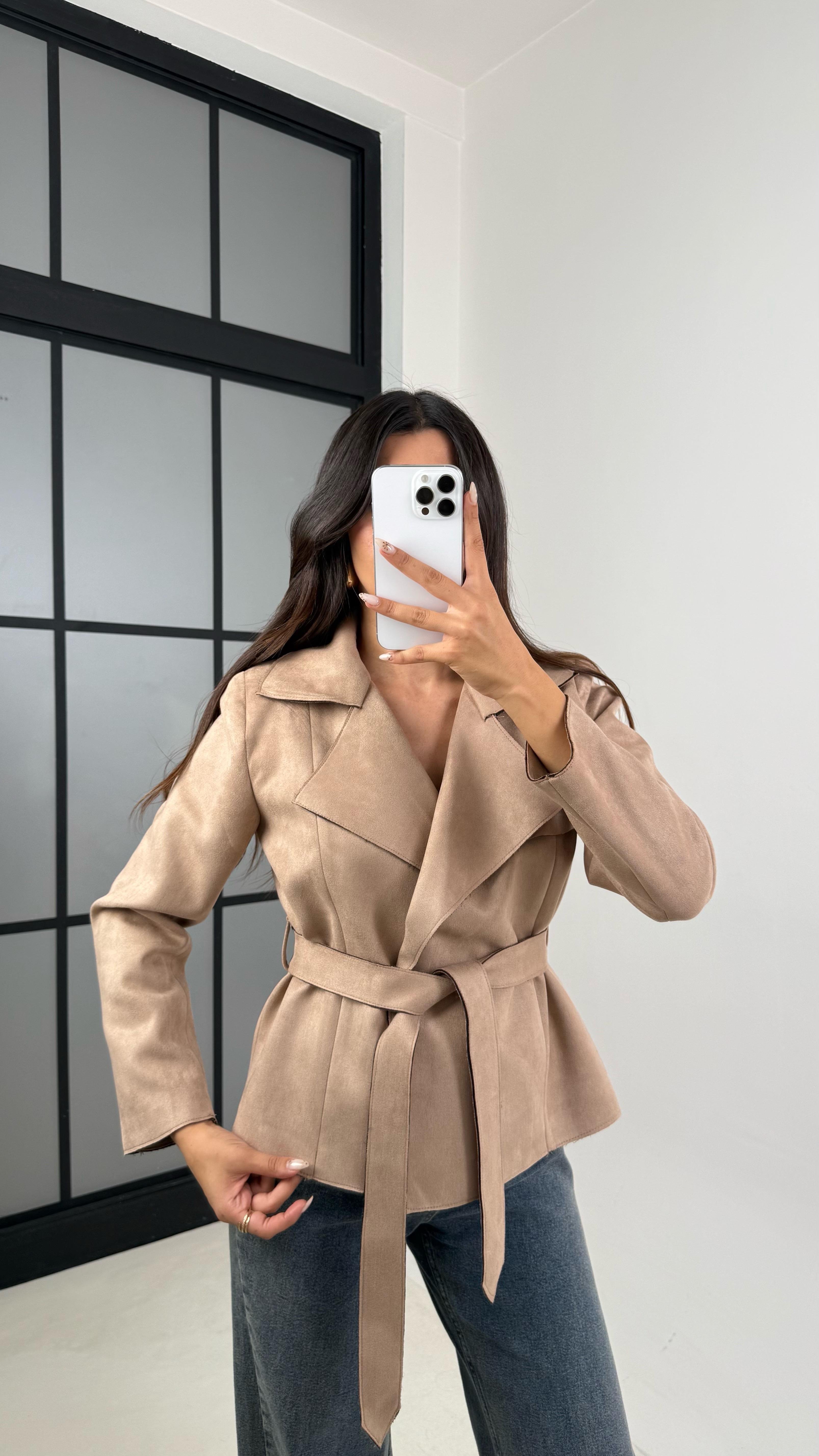 Vizon Vatkalı Kuşaklı Süet Ceket GAUS-00130GAUS السترات  GAUS-00130