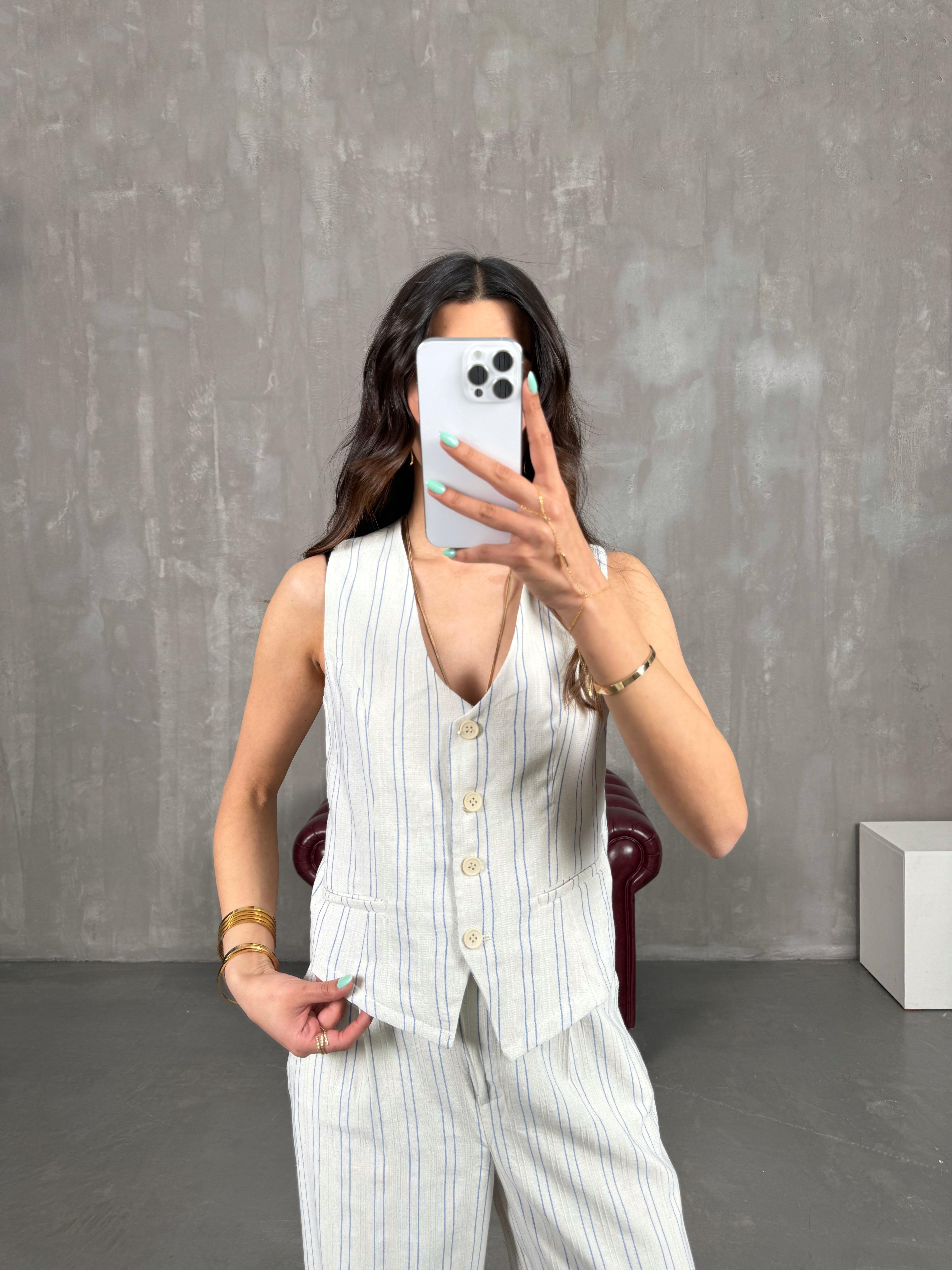 Taş Mavi Çizgili Yelekli Keten Takım Gaus00231GausTAKIMGU1001532