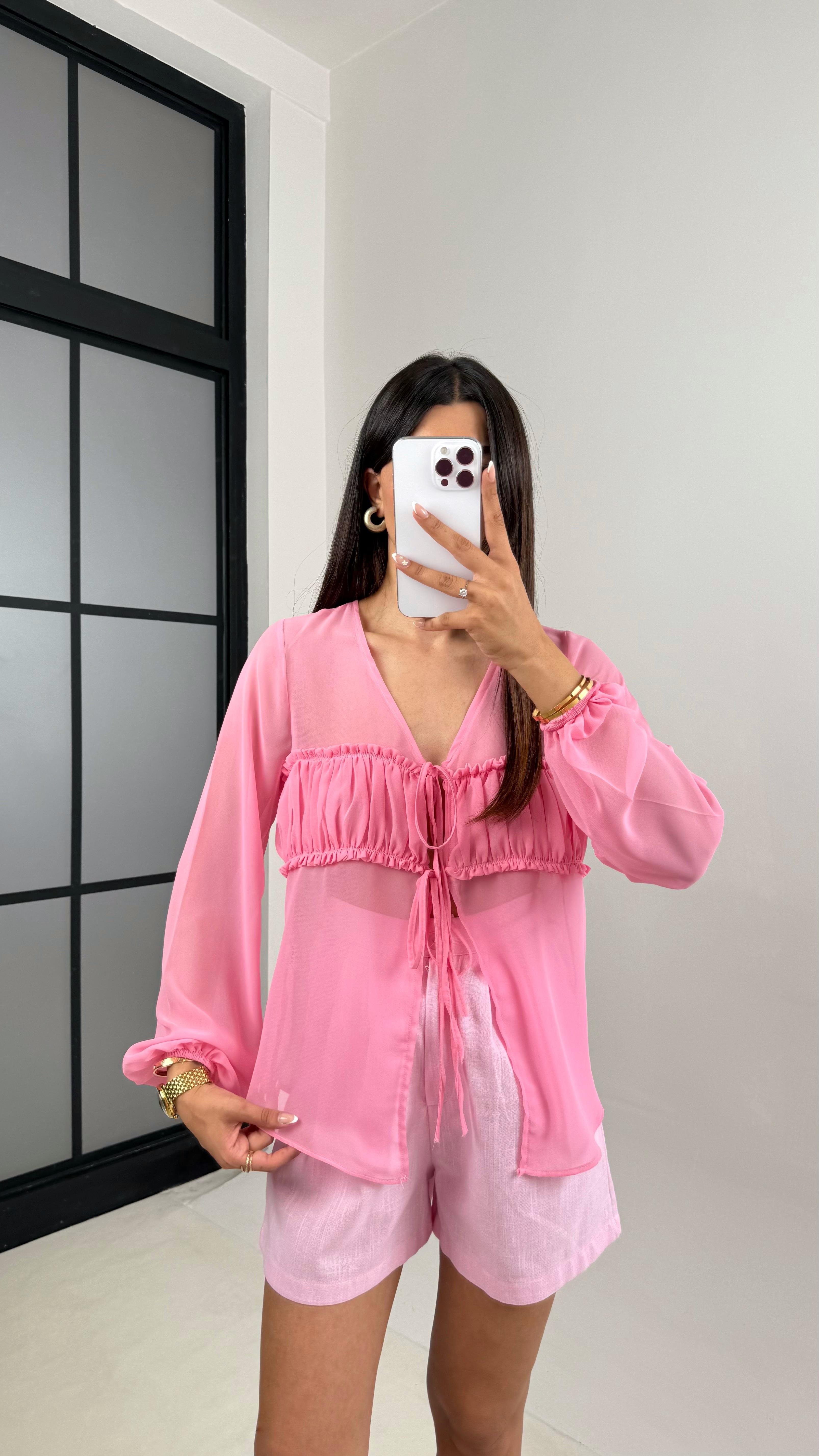 Pembe Önü Bağlamalı Transparan Gömlek Keten Şort Takım Gaus00615GausTAKIMGU1002436