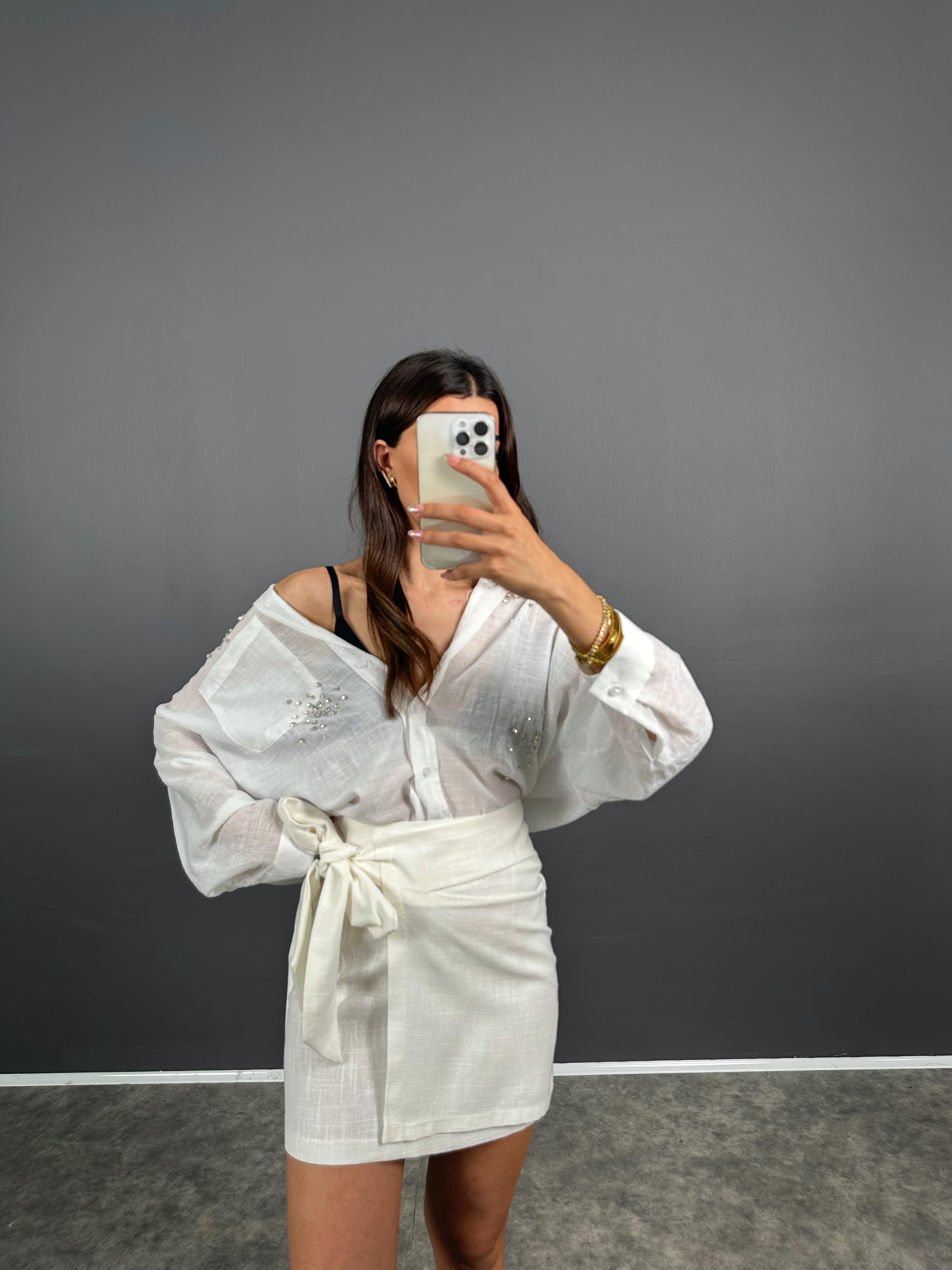 Fatsia Beyaz Bağlamalı Mini Keten EtekGausETEKGU008544