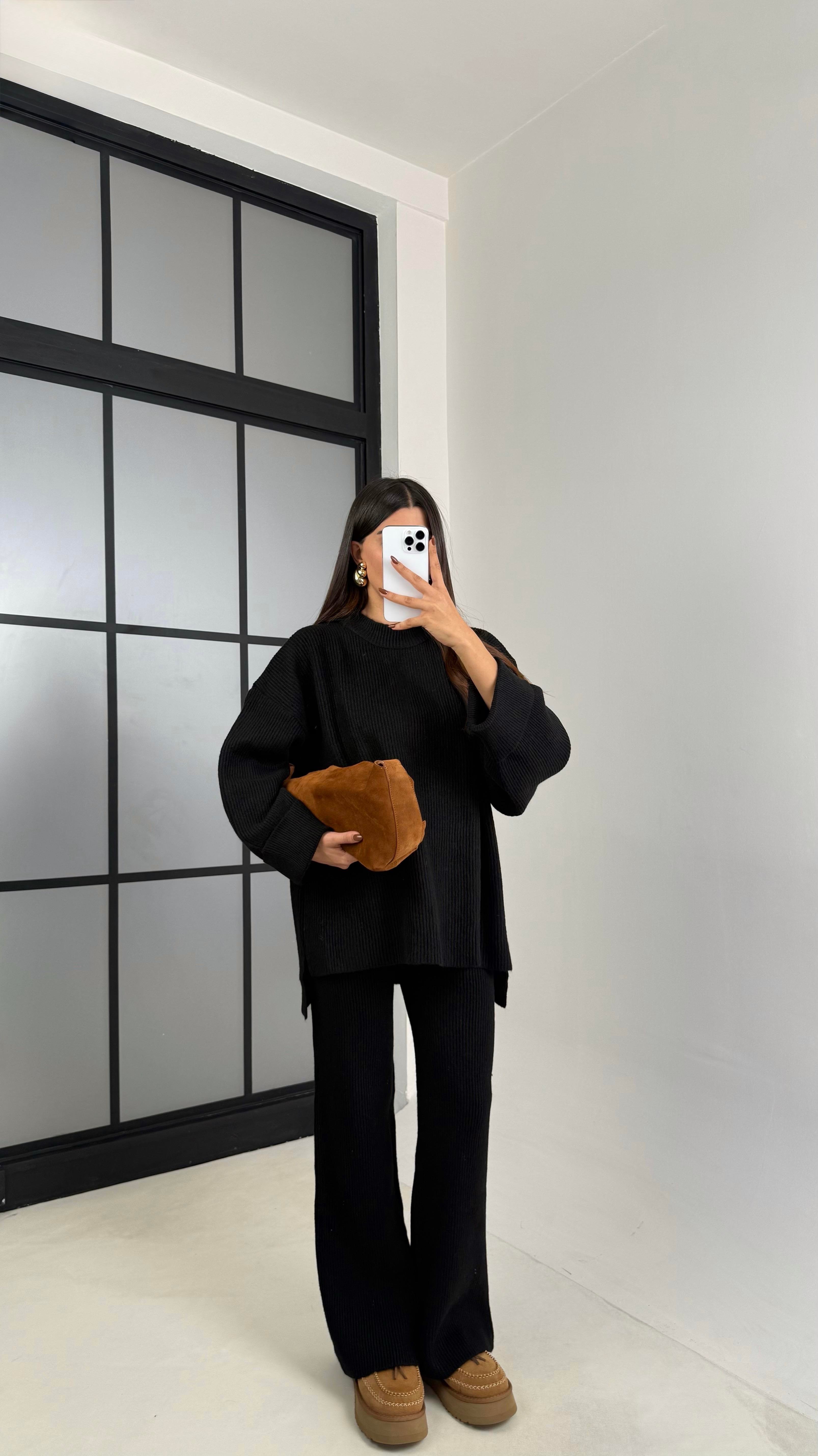 Siyah Duble Kol Kazak Beli Lastikli Pantolon Triko Takım GAUS-00200GAUSTAKIMGAUS-00200