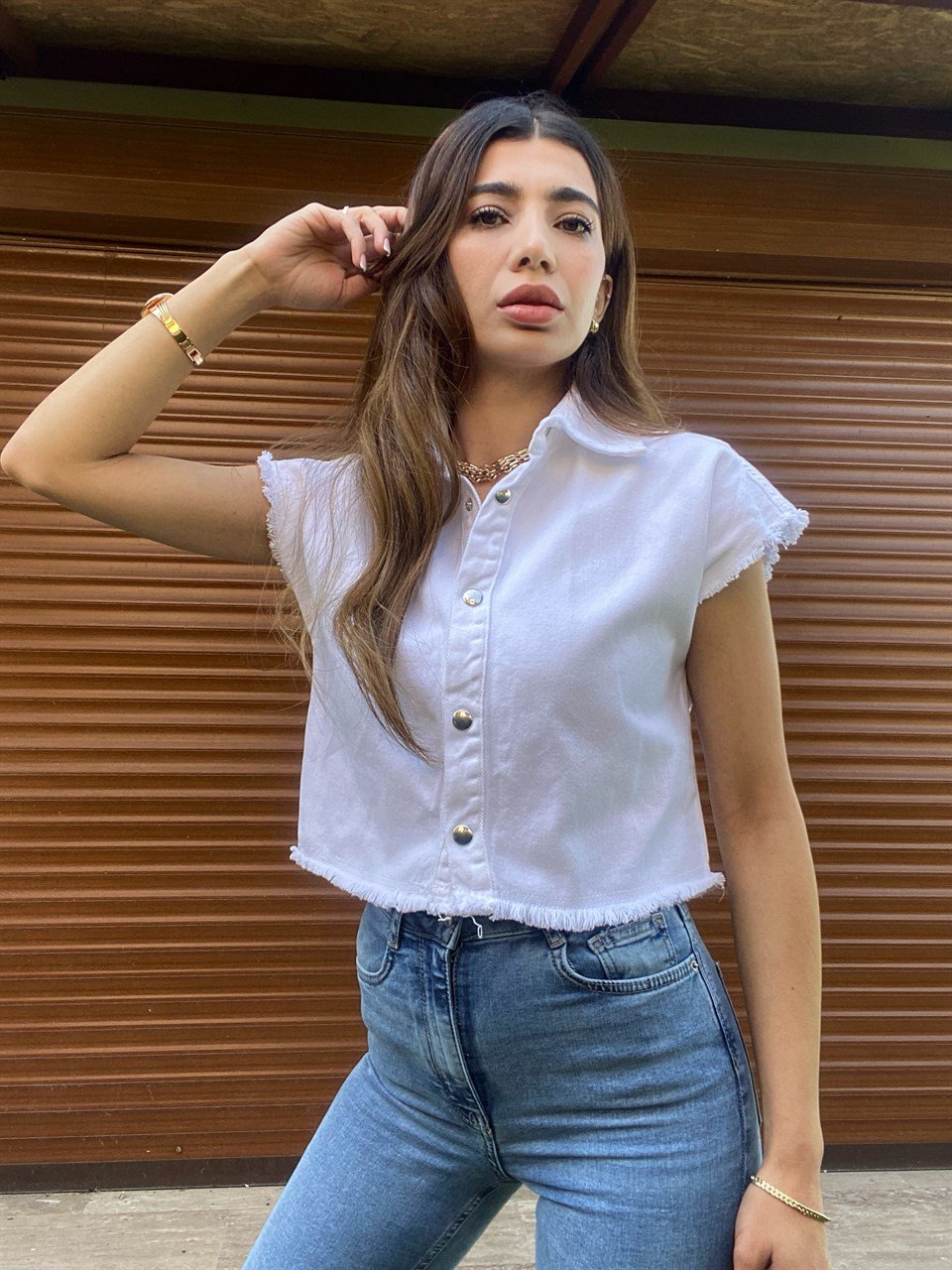 Beyaz Kısa Kol Denim CeketGausCEKETGU00308