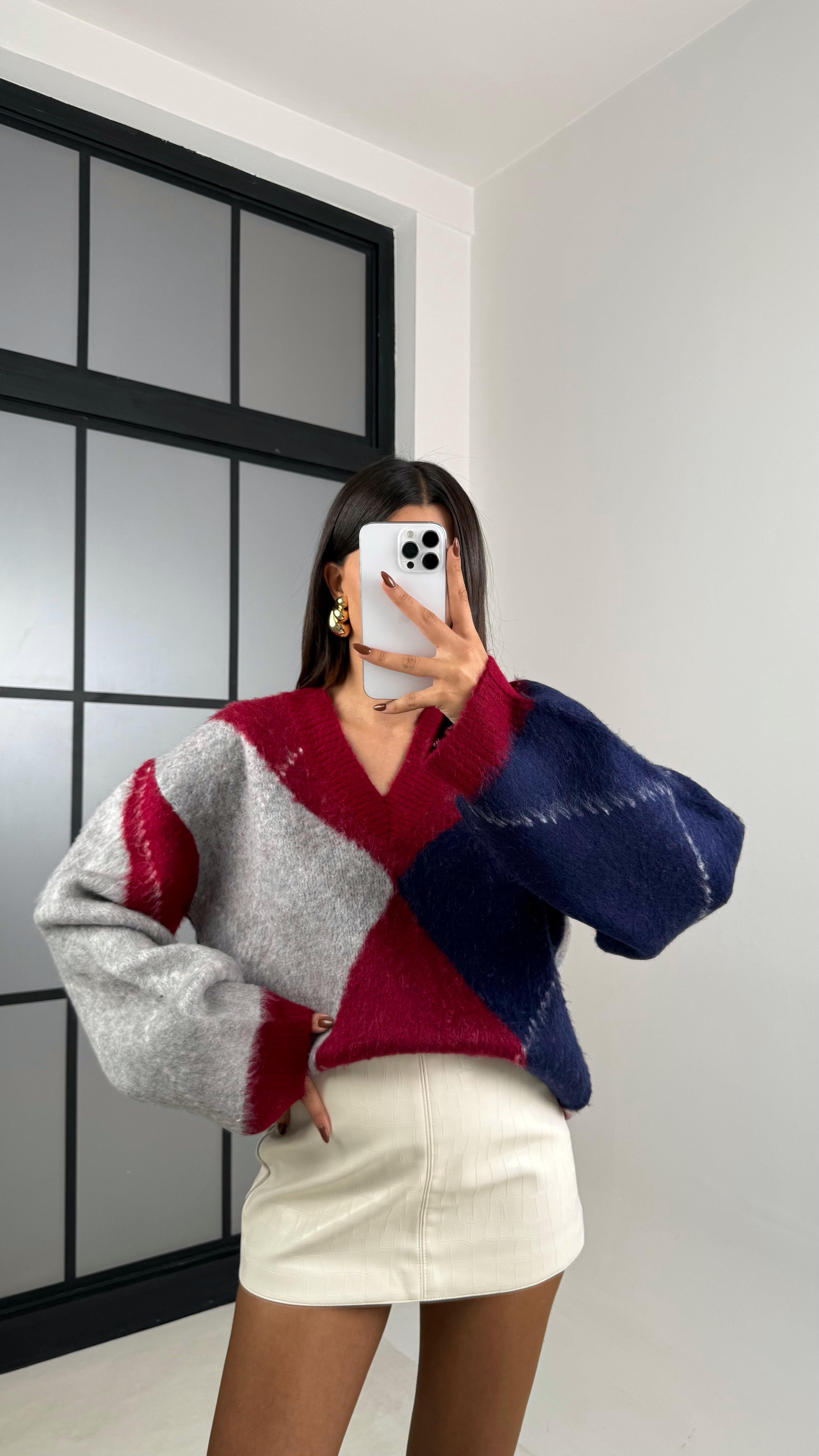 Bordo Baklava Desenli Kazak GAUS-00201GAUS الكنزات GAUS-00201