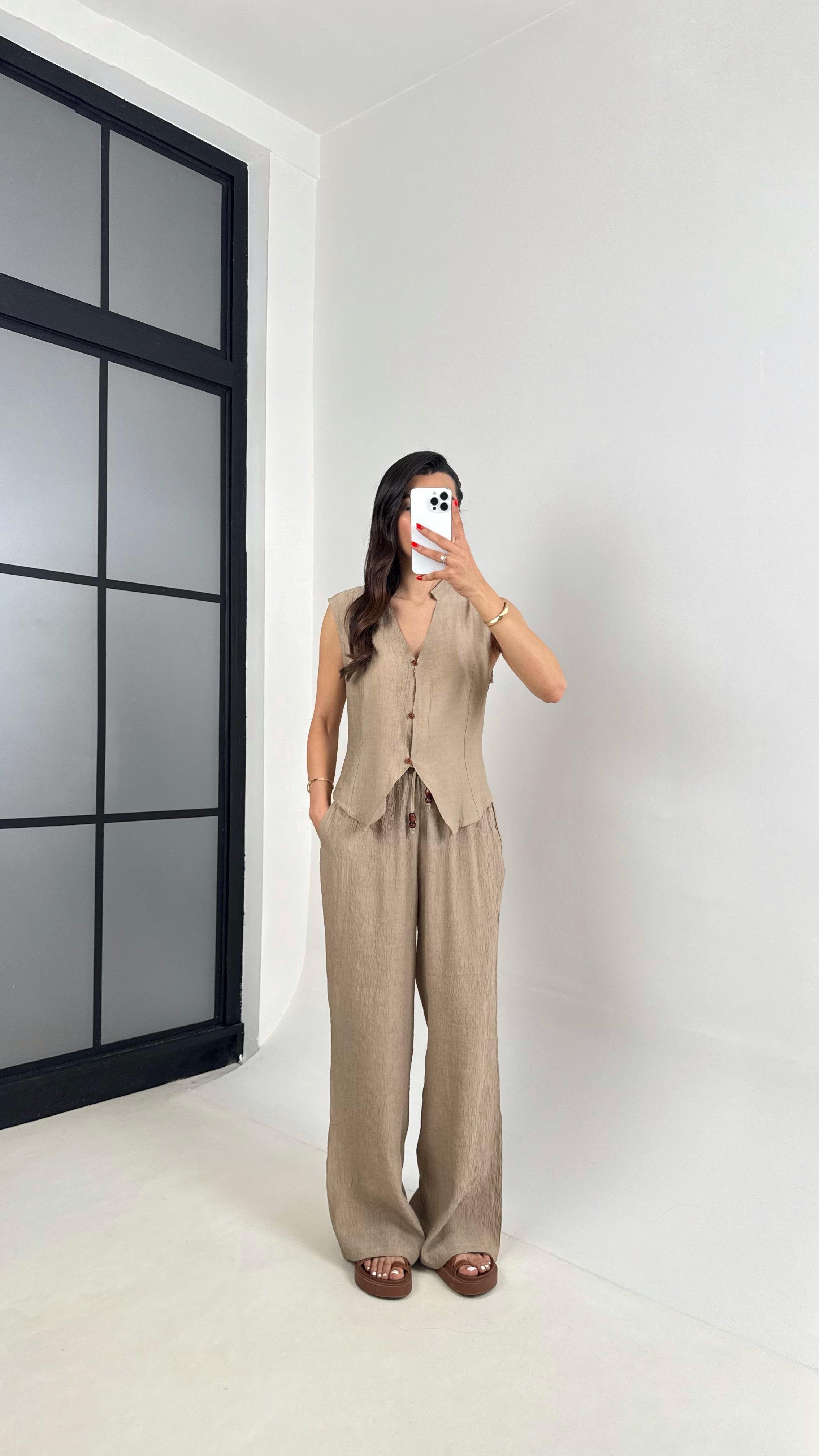 Kahve Önü Düğmeli Yelek Beli Lastikli Pantolon Gofre Takım Gaus00454GausTAKIMGU1002060