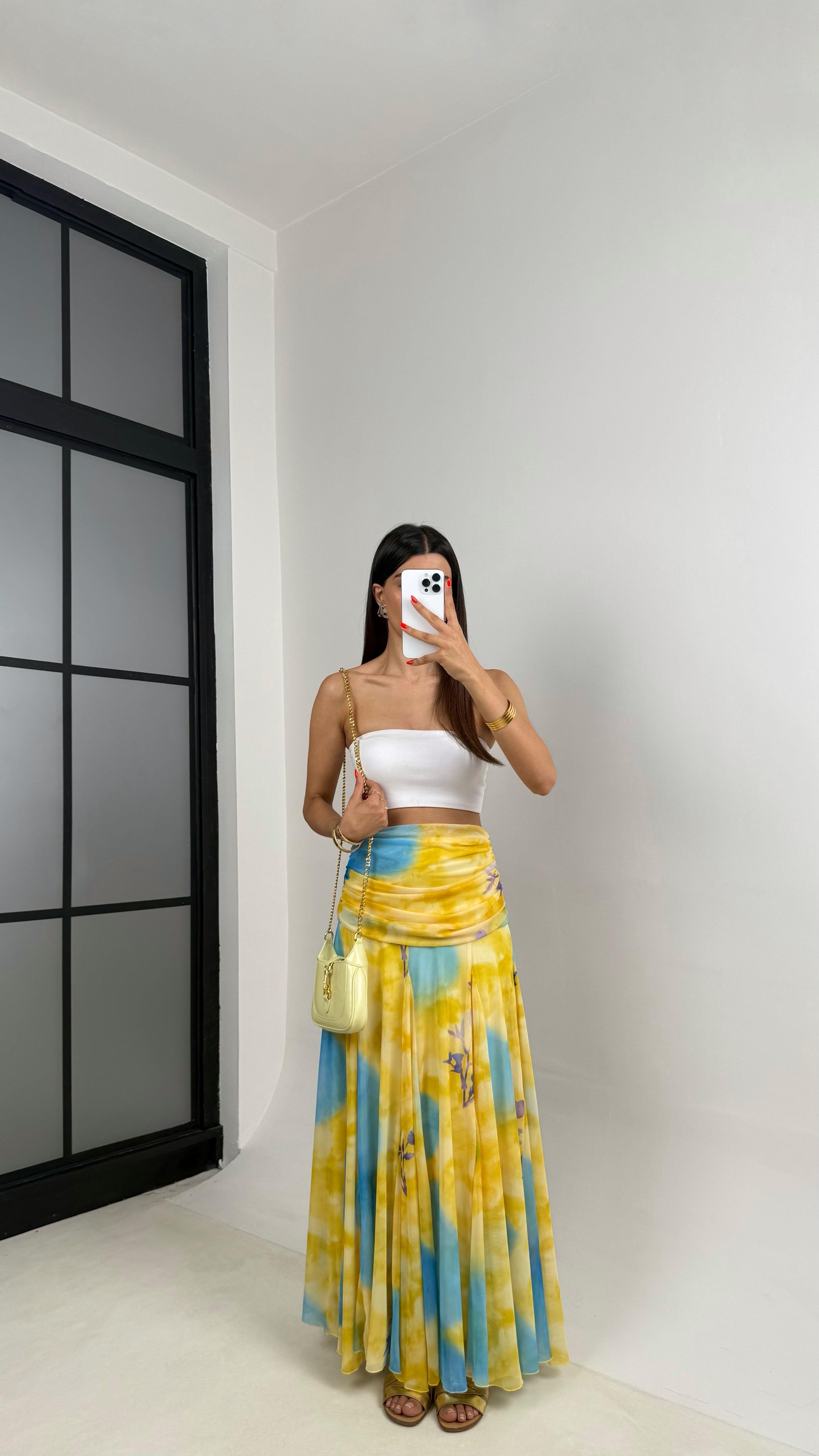 Sarı Çok Renkli Desenli Drape Detaylı Astarlı Şifon Etek GAUS-0023GAUSETEKGAUS-0023