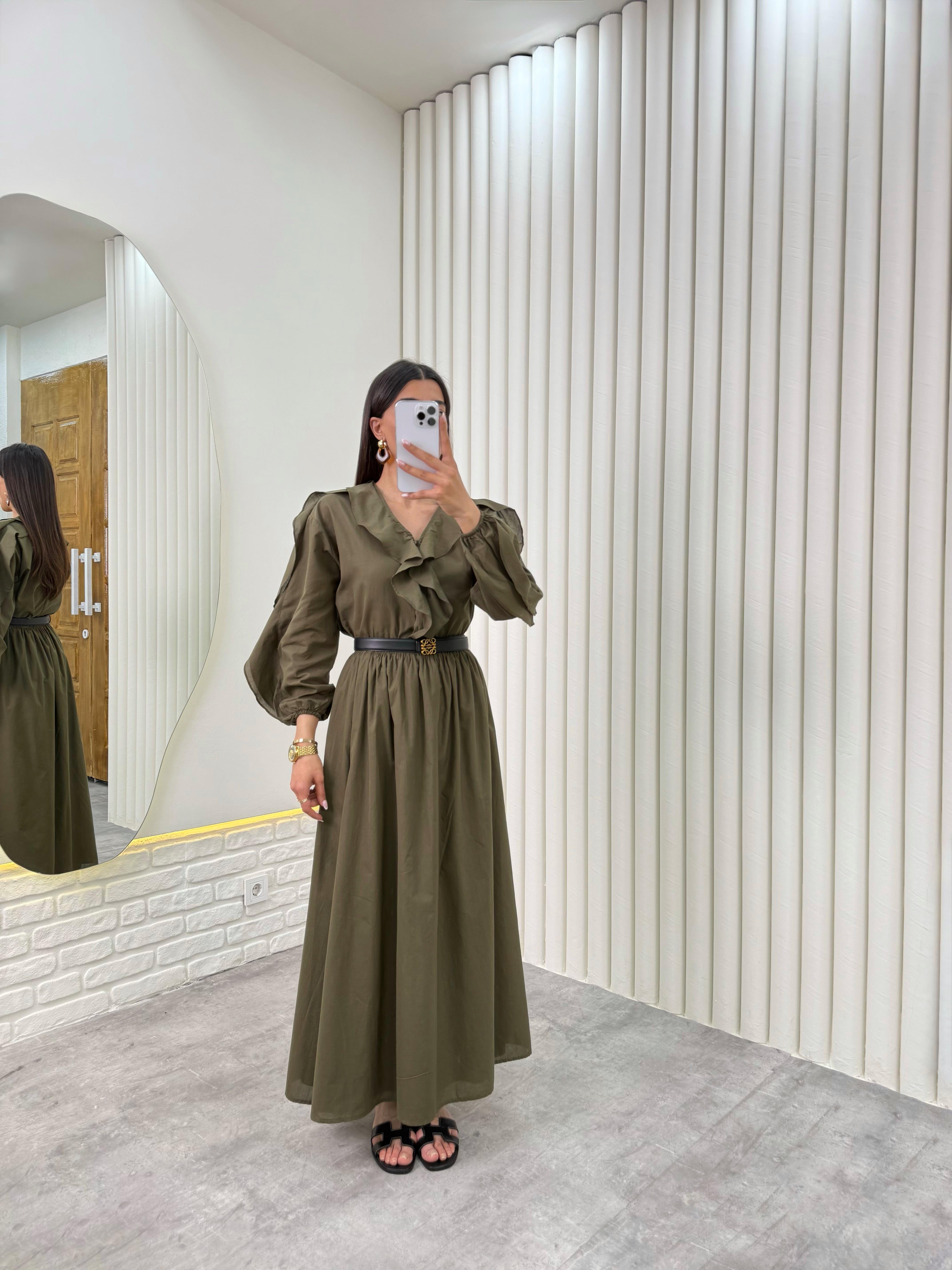 Haki Önü Düğmeli Fırfırlı Üst Beli Lastikli Astarlı Etek Vual İkili Takım Gaus00321GausTAKIMGU1001740