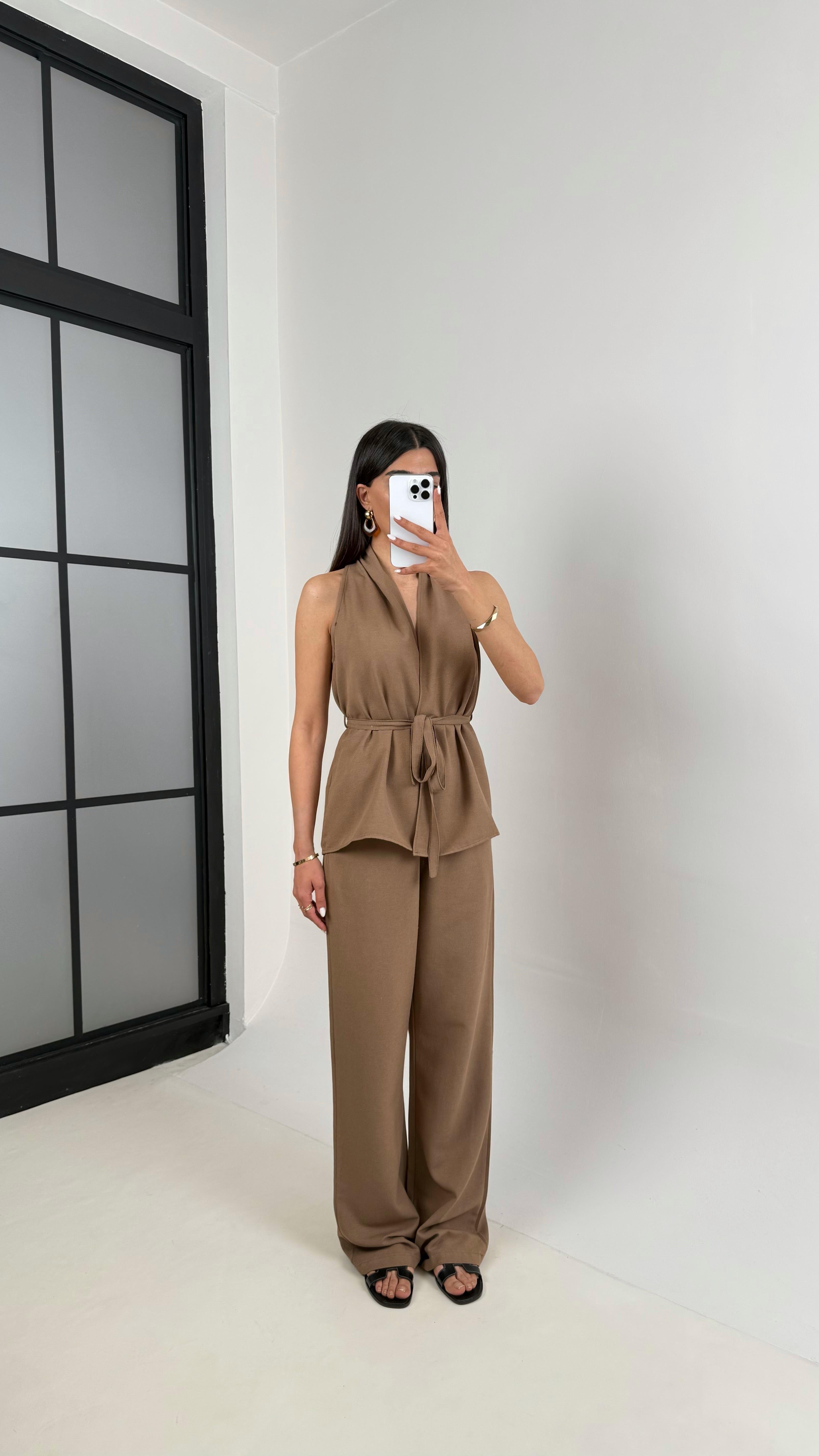 Kahve Önü Bağlamalı Kuşaklı Yelek Beli Lastikli Cepli Pantolon Keten Takım Gaus00410GausTAKIMGU1001958